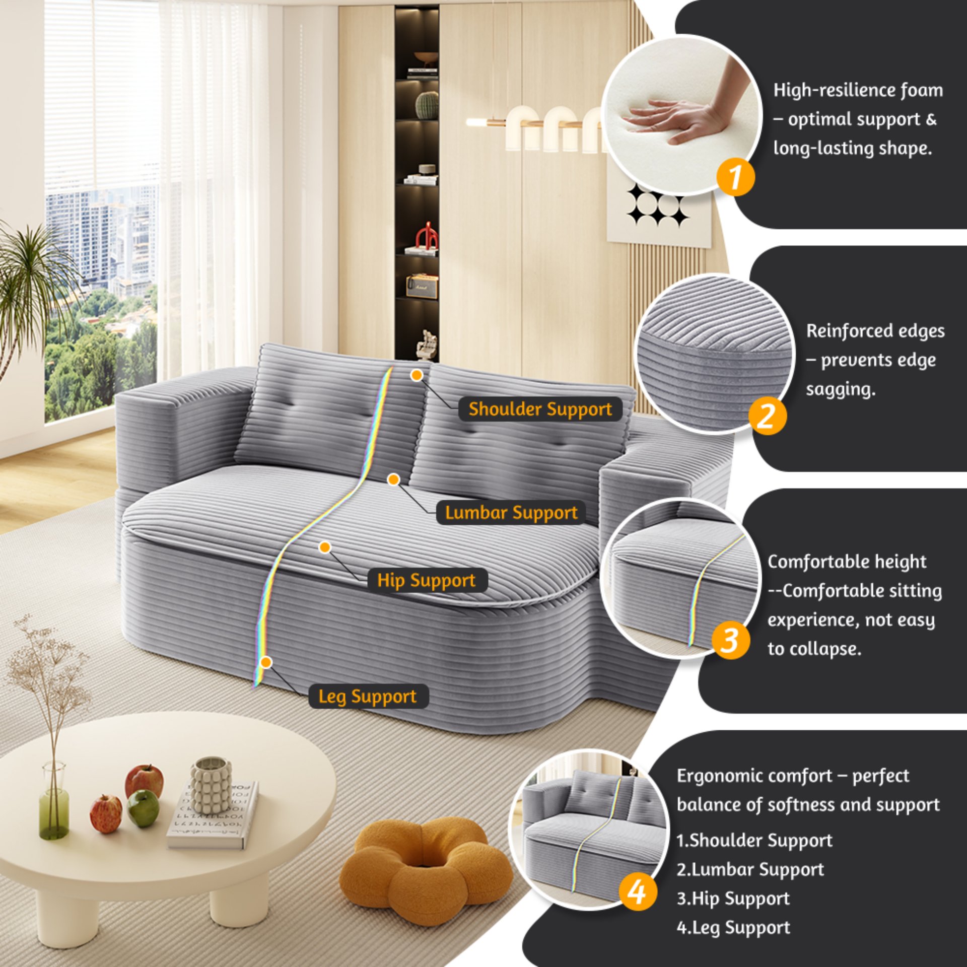 2 In 1 Foldable Sofa Plush Corduroy Sofa Convertible Floor Sofa Bed Deep Seating With Multi Functional Blanket Suitable For Living Rooms - Light Gray - Image 18