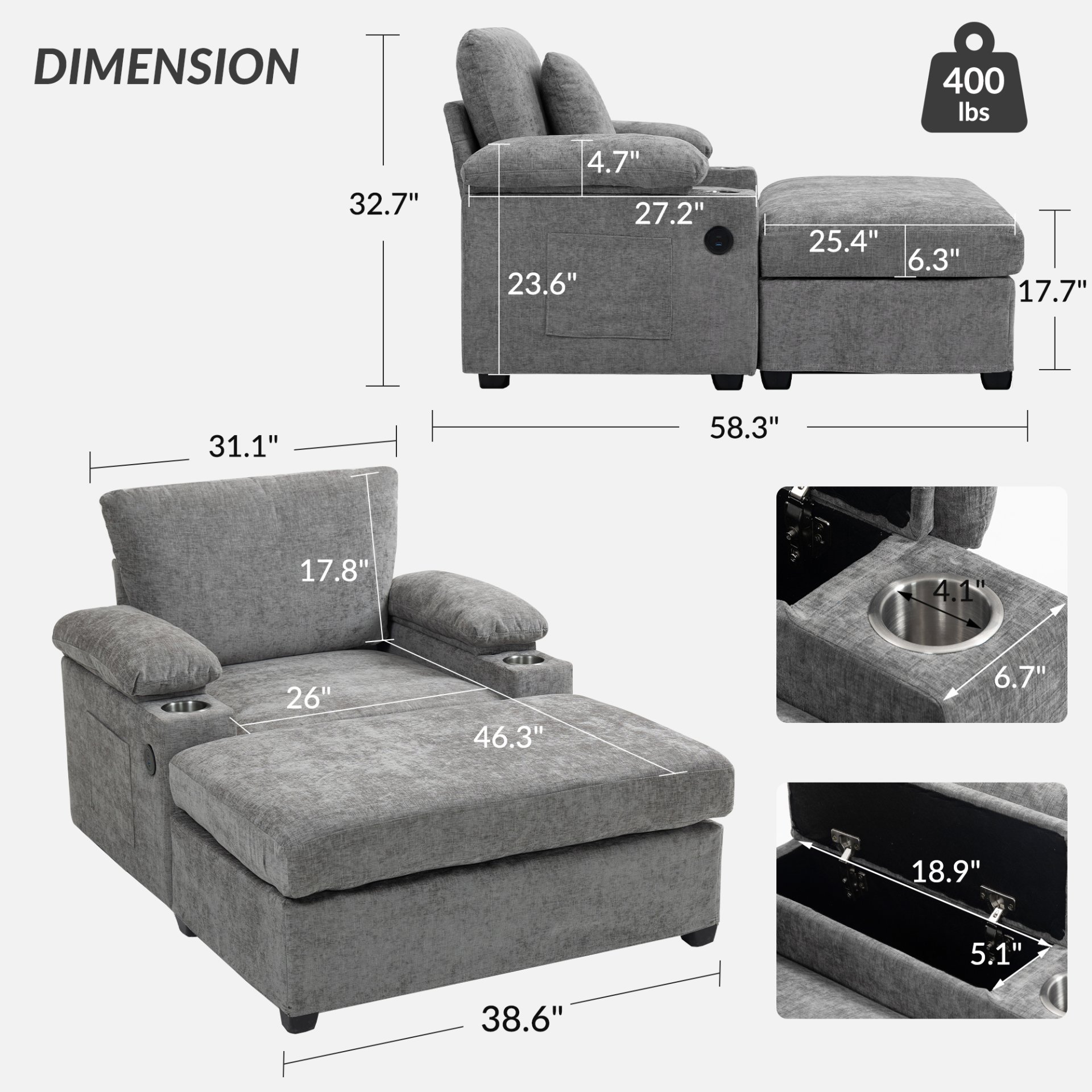 Modern Oversized Chair With Ottoman, Chenille Fabric Sofa Bed, Accent Chair Comfy Sofa With Cupholders And USB Charging Ports Chair For Living Room - Gray - Image 3