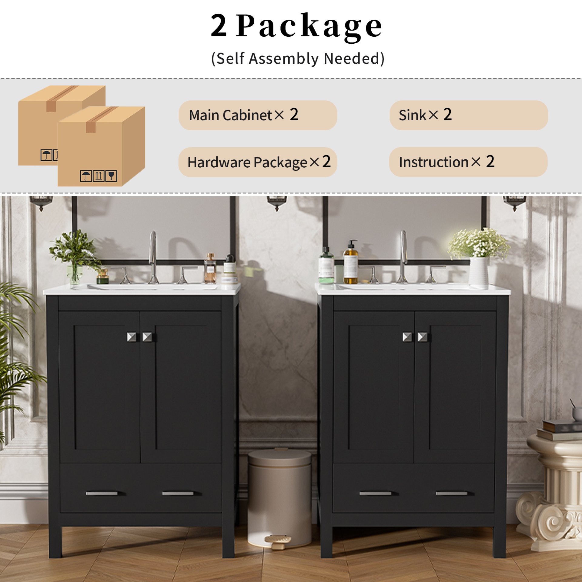 Bathroom Vanity With Integrated Undermount Sinks, Soft Close Doors, Divided Drawer, And Double Layer Door Shelf - Black - Image 12