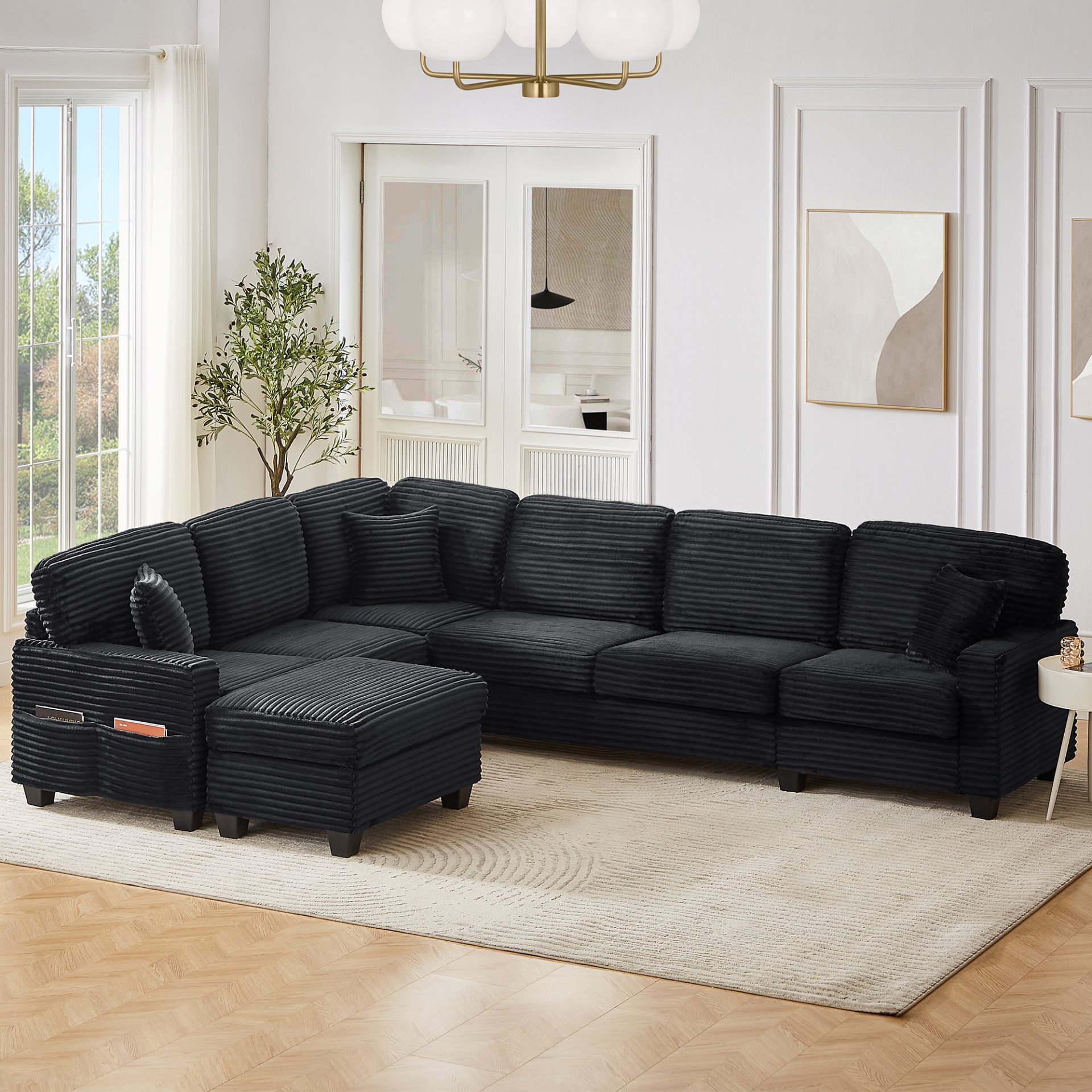 Upholstered U Shaped Sectional Sofa With Movable Ottoman And Side Storage Pockets - Black - Image 9