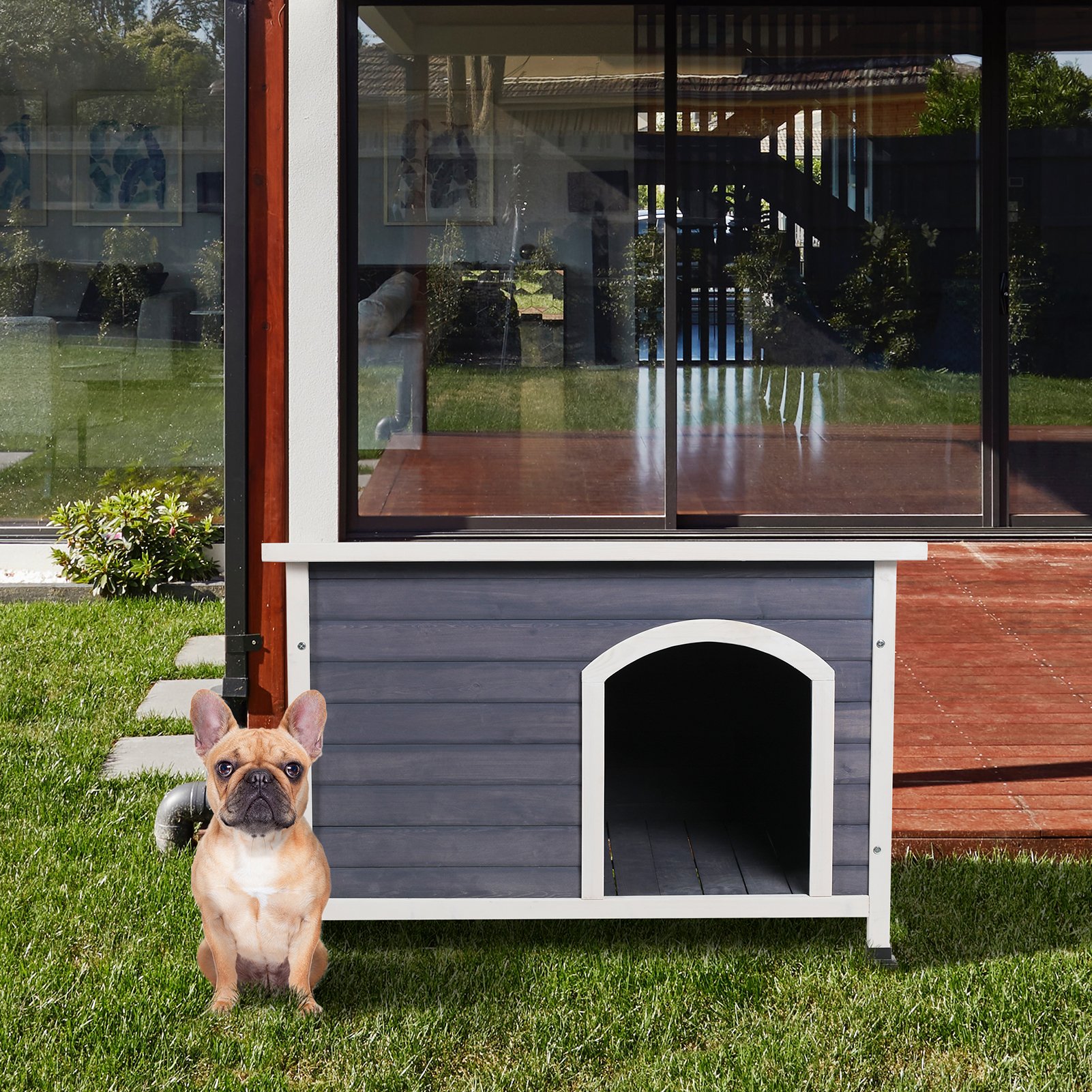 Medium Wooden Outdoor Dog House, Waterproof Roof, Elevated Floor - Gray - Image 2