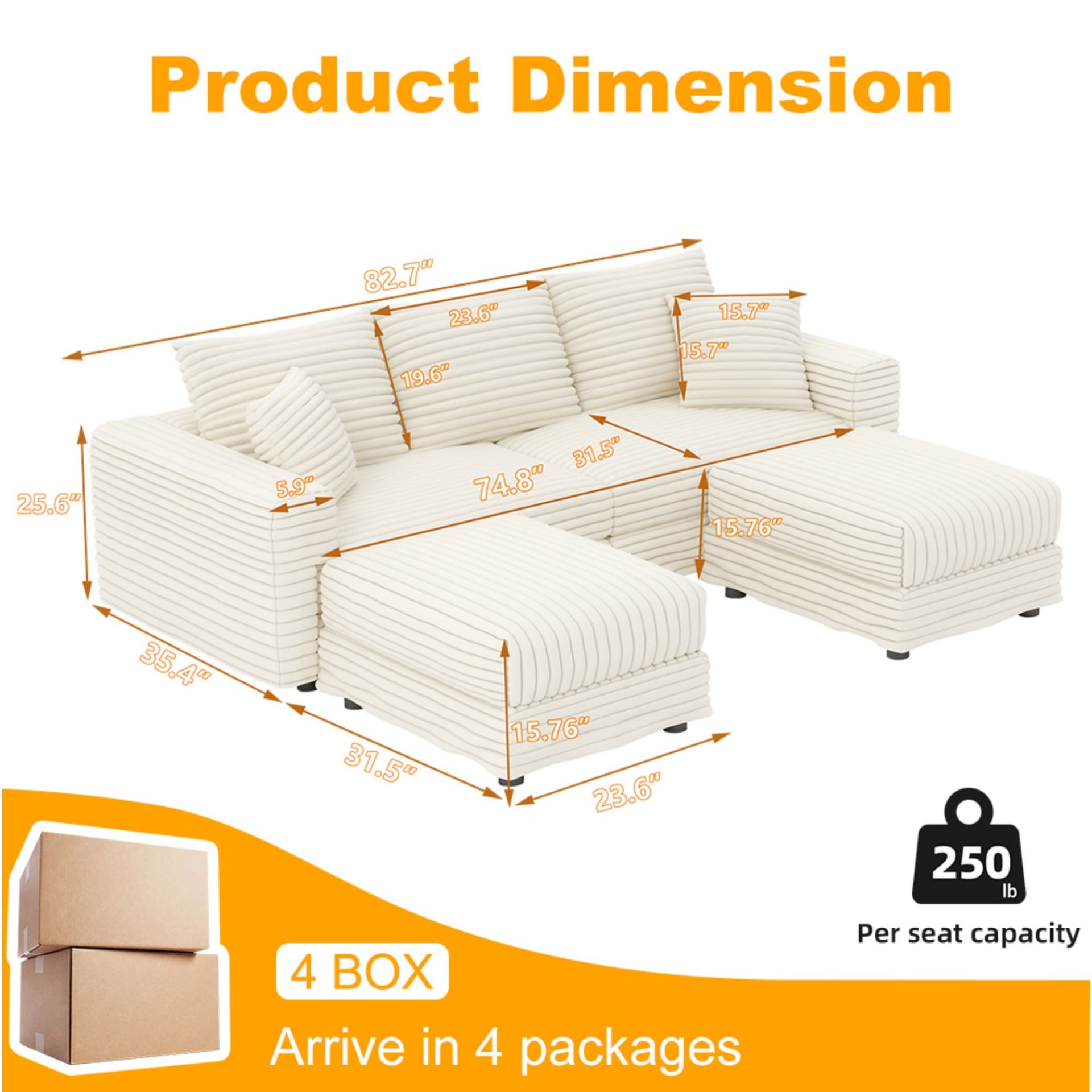 3 Seat Sofa, Deep Seat Couches With Soft Pillows And 2 Ottomans, Convertible Sofa Lounge Chair, For Living Room - Beige - Image 19