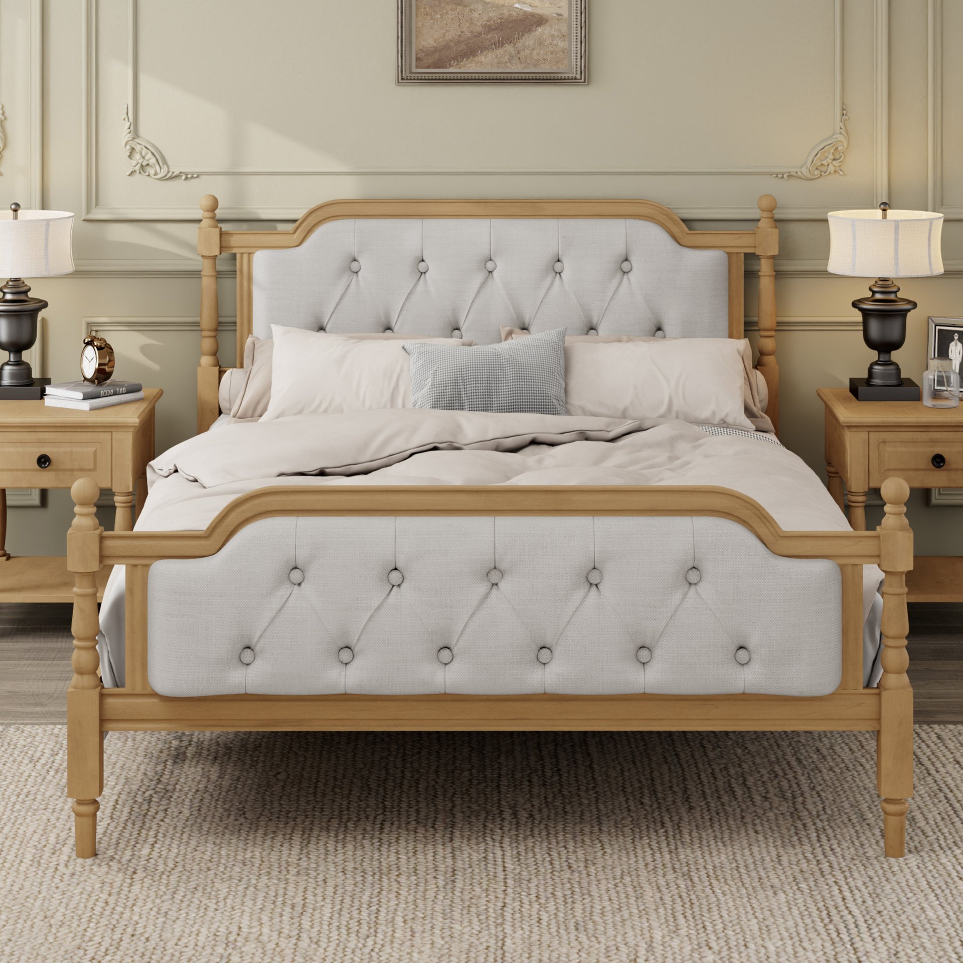 Full Size Traditional Style Solid Bed Frame With Upholstered Tufted Headboard, No Box Spring Needed - Antique Walnut - Image 5