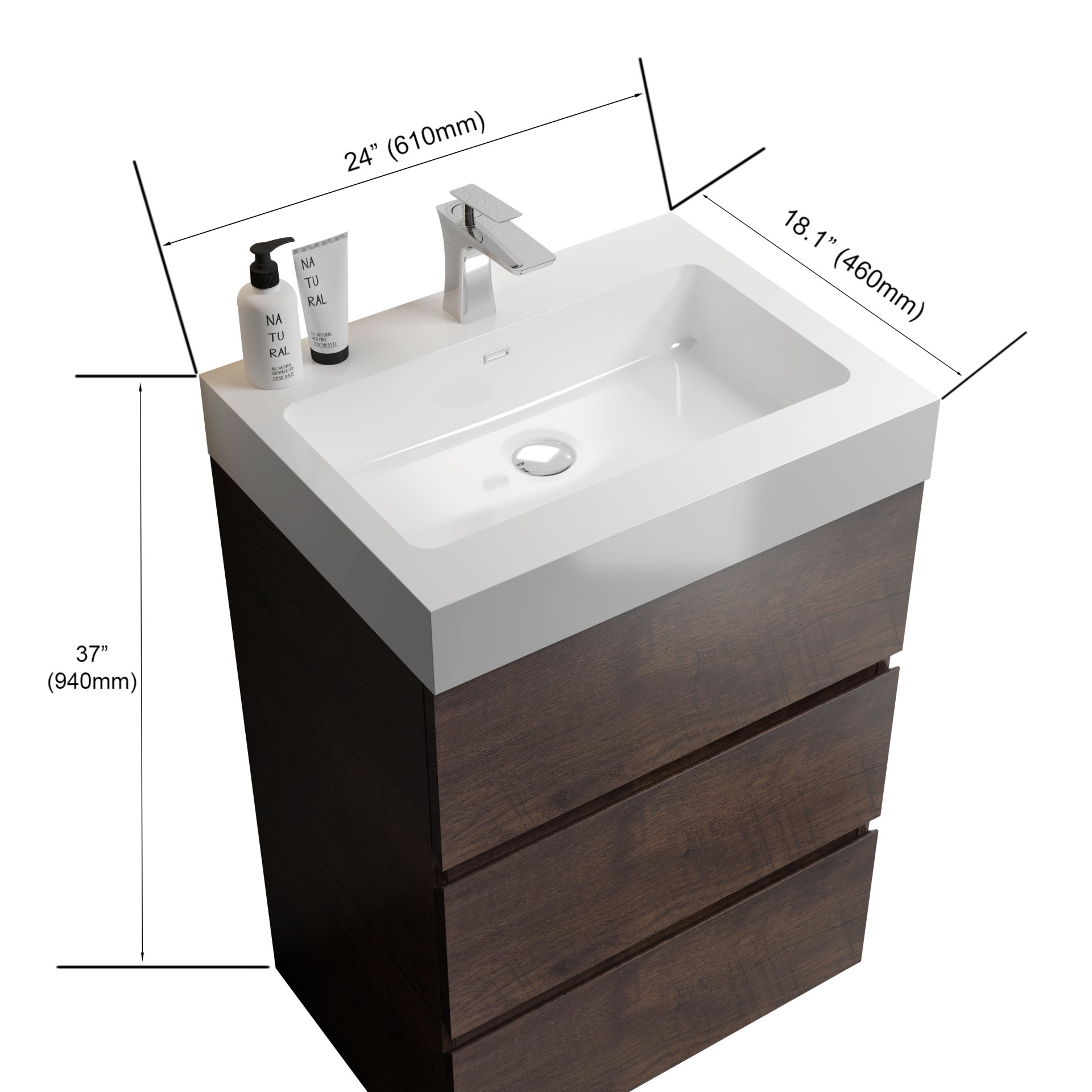 Alice - 24" Bathroom Vanity With Sink, Large Storage Freestanding Bathroom Vanity For Modern Bathroom, One-Piece Sink Basin Without Drain And Faucet - White / Walnut - Image 3