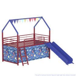 Jack - House Twin Loft Bed With Slide And Curtain Set, Superhero - Red / Blue