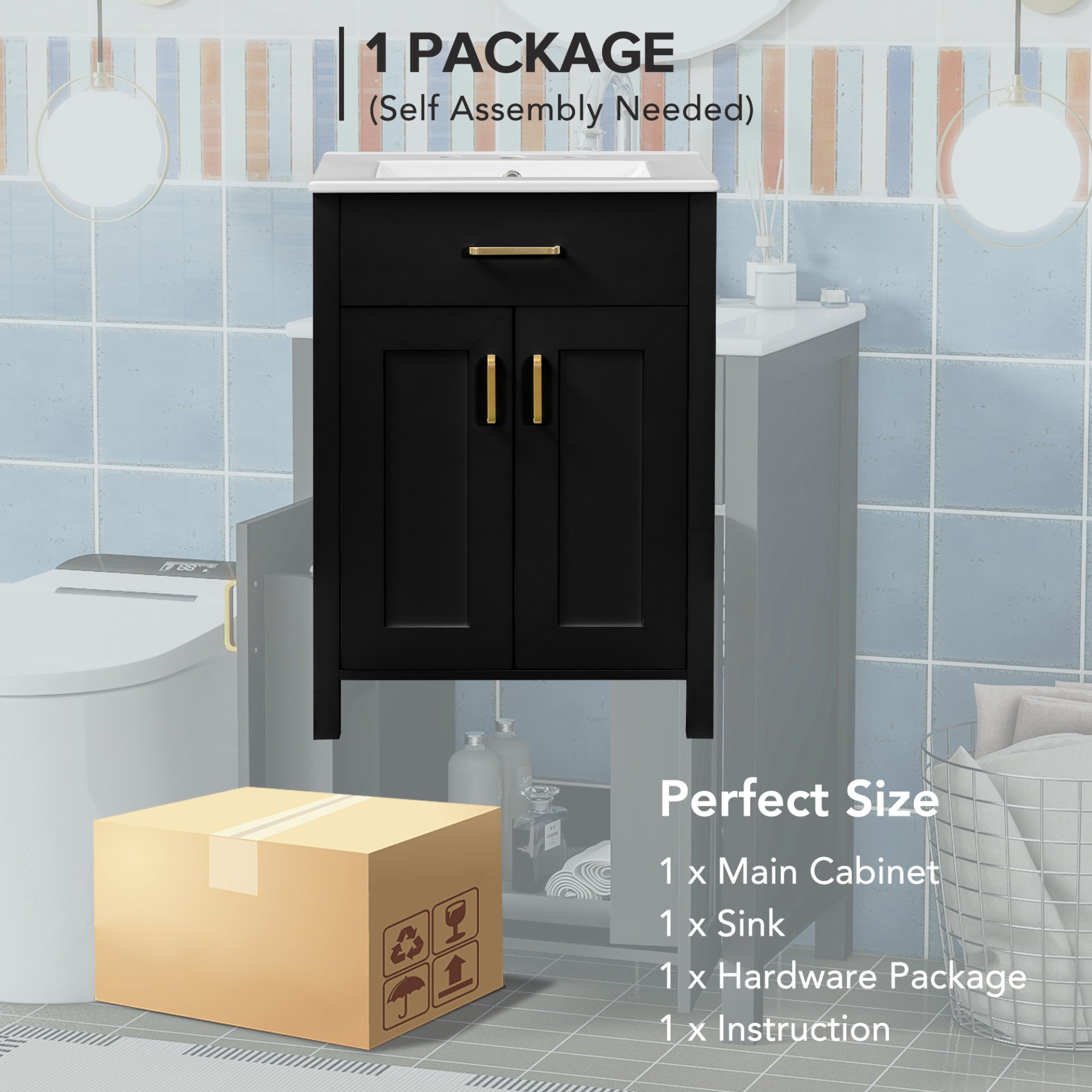Bathroom Vanity Combo With Ceramic Sink, Luxurious Space-Saving Vanity, 2 Soft Close Doors - Black - Image 10