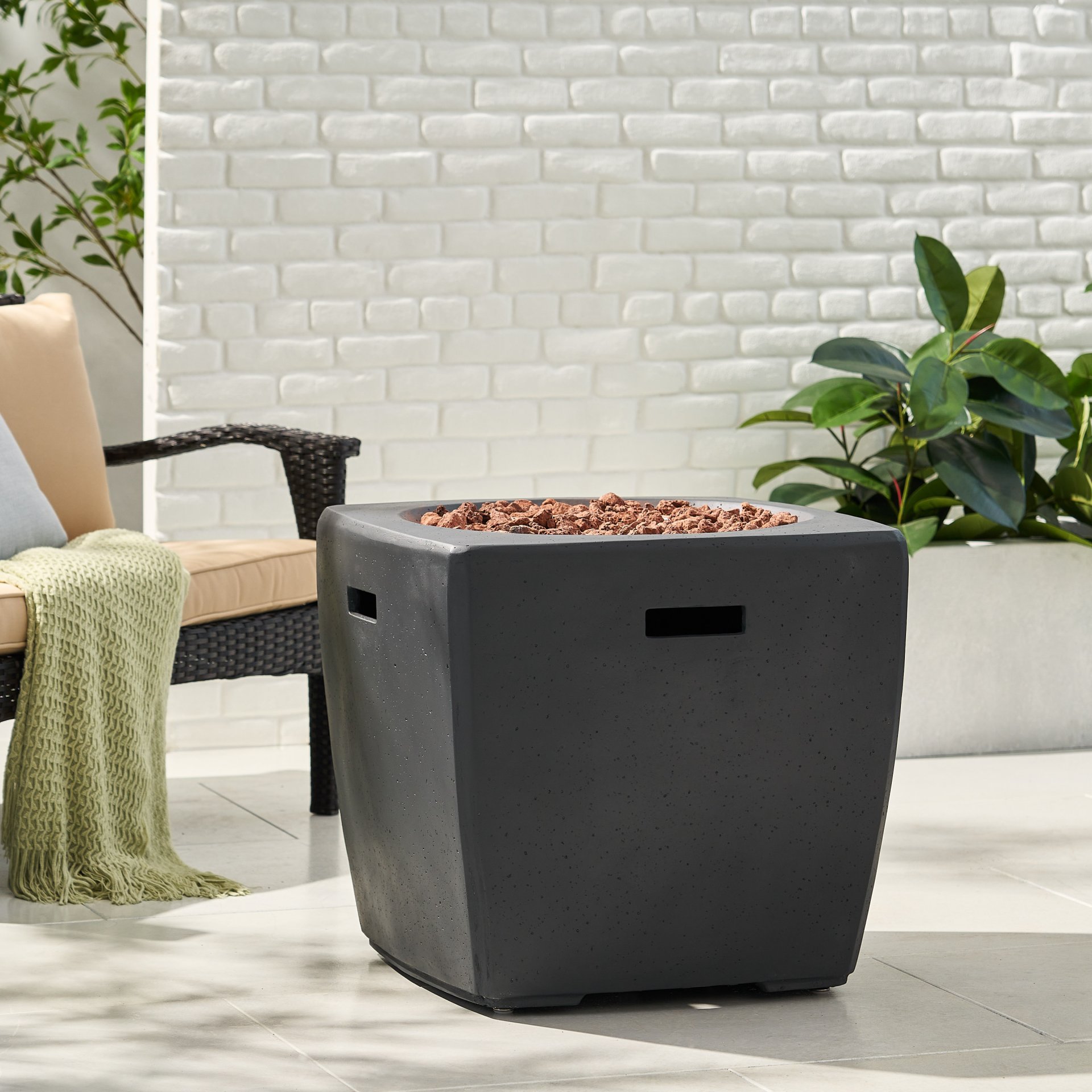 Outdoor Lightweight Concrete Square Fire Pit 40, 000 Btu With Built In Tank Storage - Dark Gray - Image 5