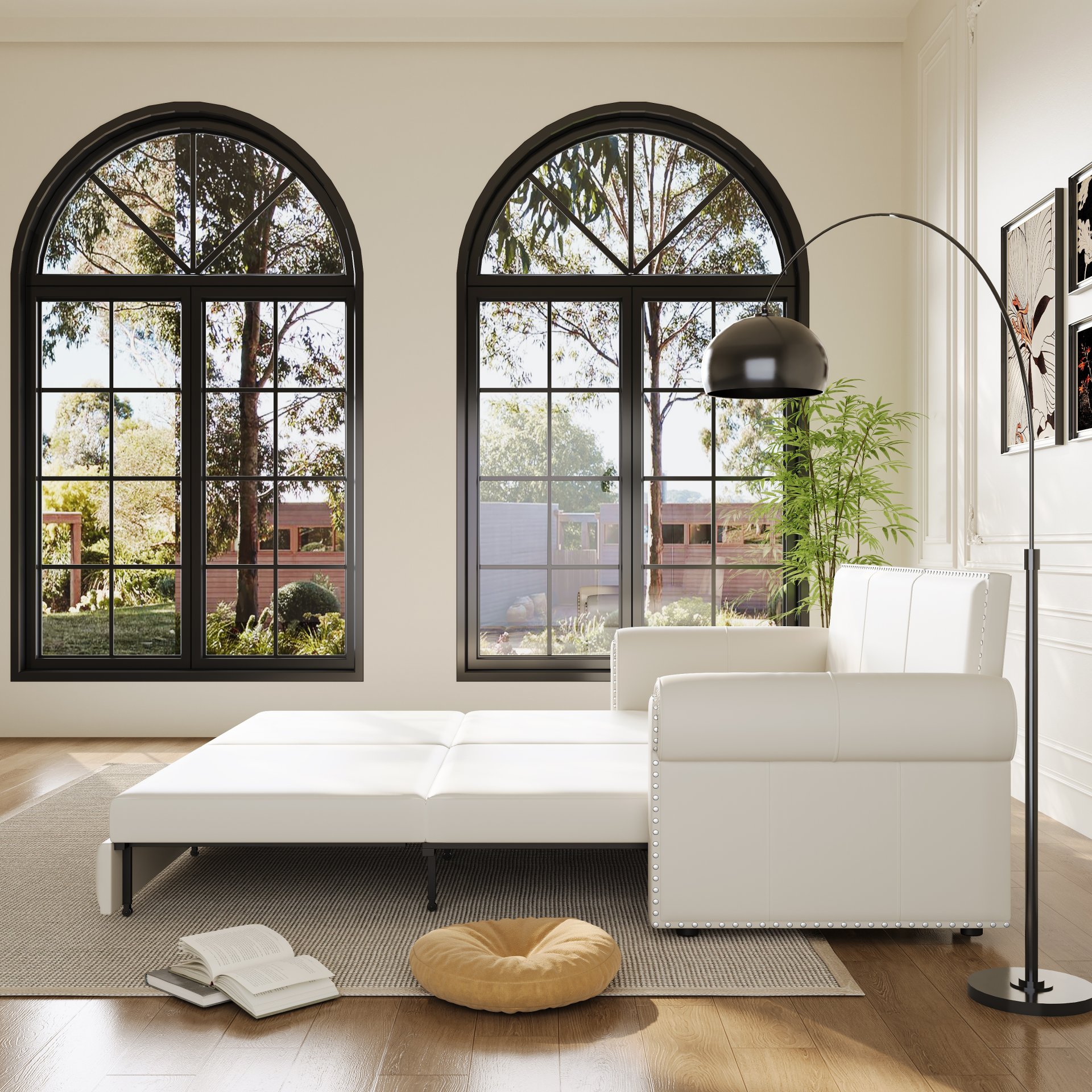 Pull Out Sofa Bed, 3 In 1 Convertible Sleeper Sofa With Nailhead Trim & Rolled Arm, Multi Functional Sofa Bed For Living Room, Bedroom, Apartment, Office - Cream White - Image 8