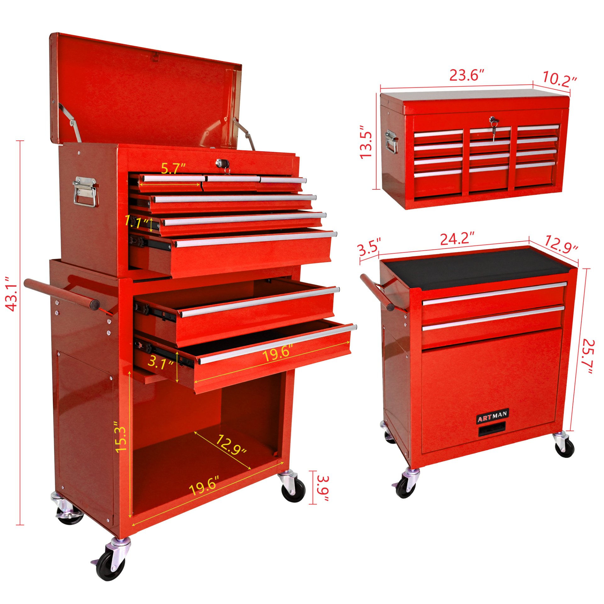 High Capacity Rolling Tool Chest With Wheels And Drawers, 8 Drawer Tool Storage Cabinet - Red - Image 3