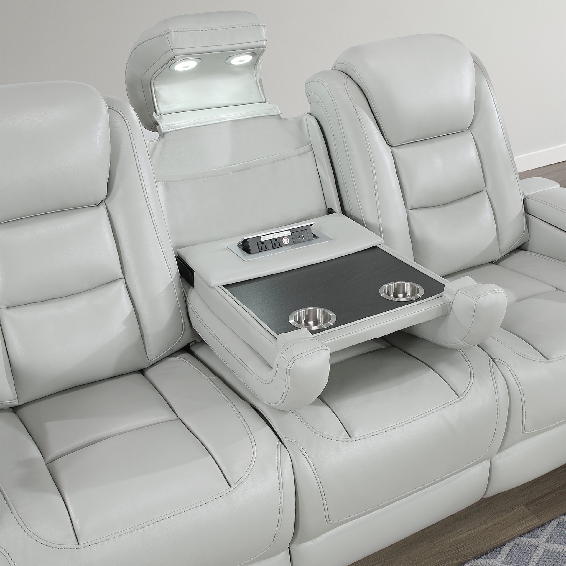 3 Piece Power Sofa Set With Recliner, USB LED Headrest, Bookshelf Arms, Drop Down Table And Storage Frame - Grey - Image 4
