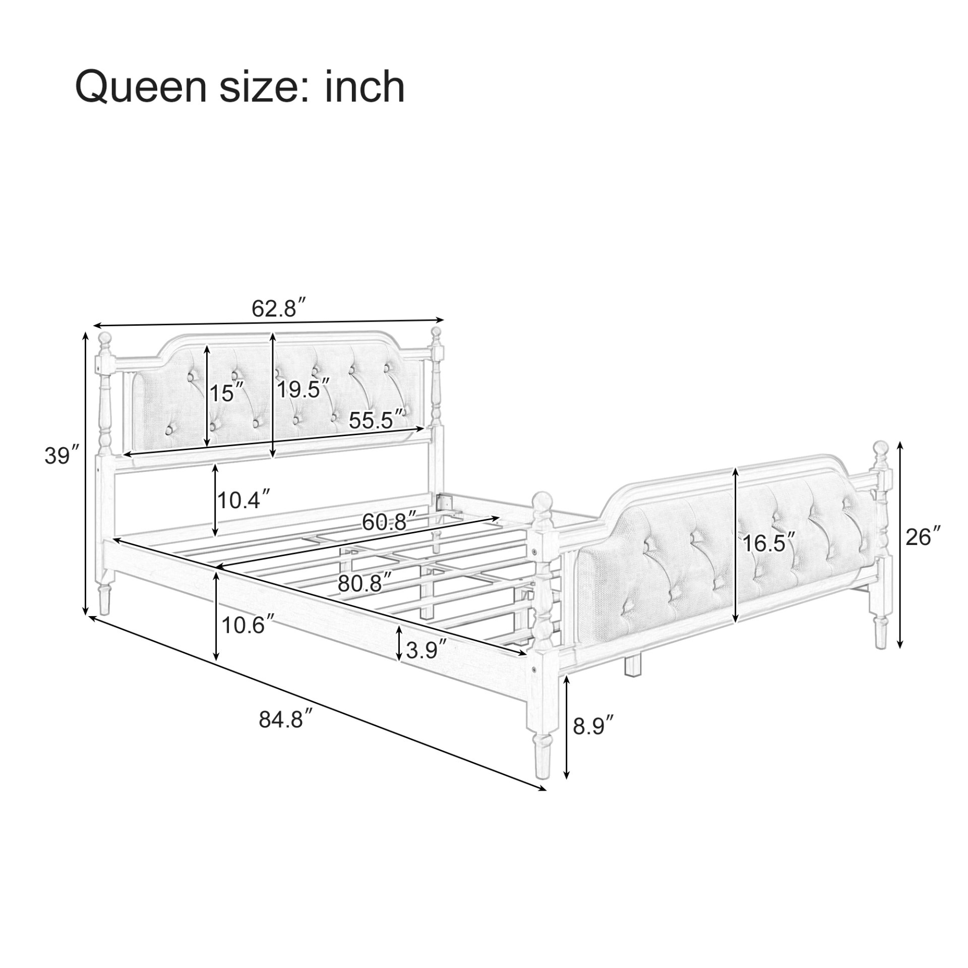 Traditional Style Solid Bed Frame With Upholstered Tufted Headboard, No Box Spring Needed, Queen Size - Antique Walnut - Image 2