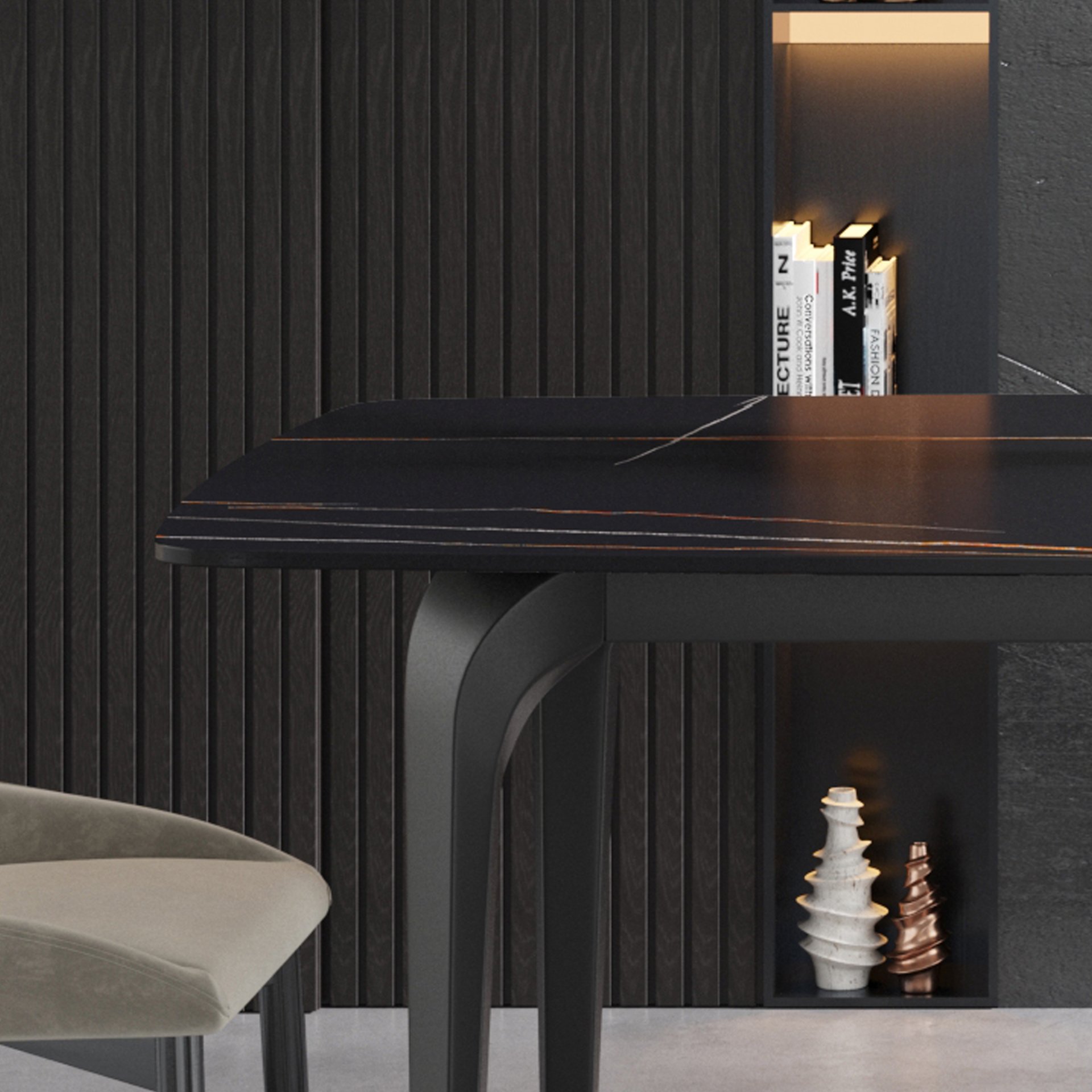 63" Artificial Stone Black Curved Black Metal Leg Dining Table, 6 People - Black - Image 8