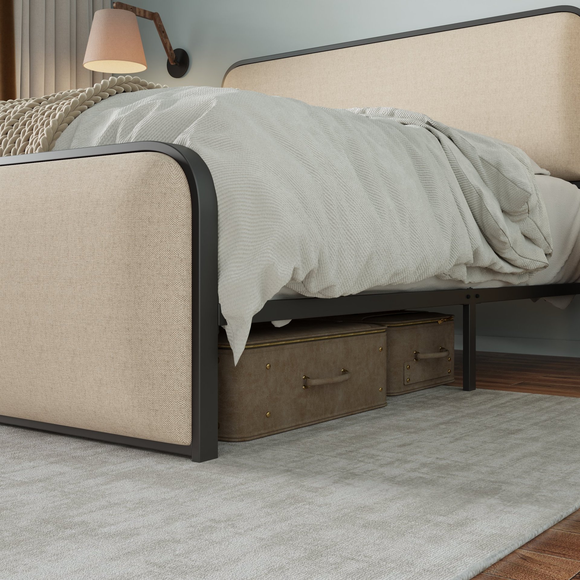 Modern Metal Bed Frame With Curved Upholstered Headboard And Footboard Bed With Under Bed Storage, Heavy Duty Metal Slats, King Size - Beige - Image 6