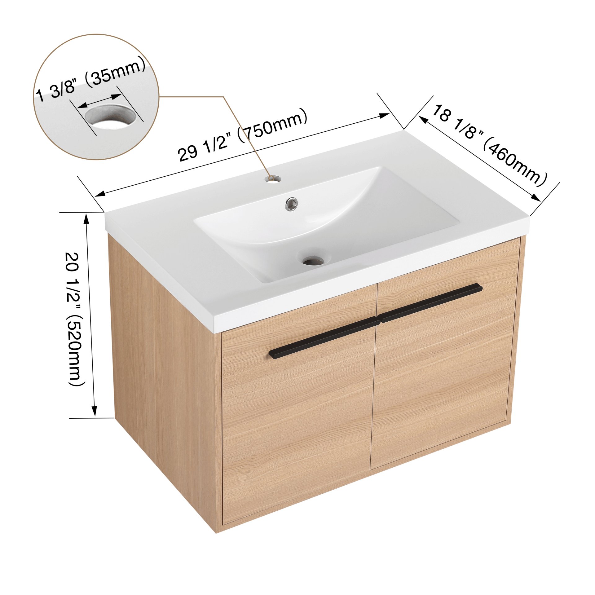 Bathroom Vanity With Resin Countertop Sink, 30" 2 Doors Cabinet Set - Oak - Image 3