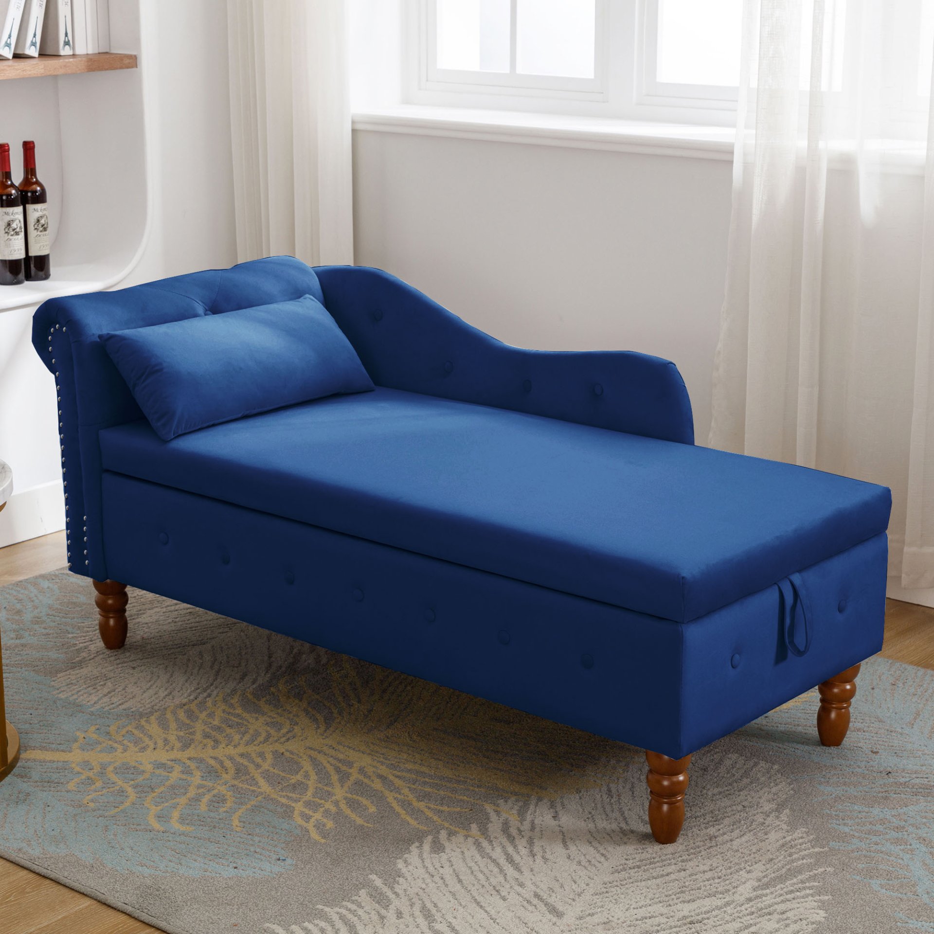 Chaise Lounge Indoor, Velvet Lounge Chair For Bedroom With Storage & Pillow, Modern Upholstered Rolled Arm Chase Lounge For Sleeping With Nailhead Trim For Living Room Bedroom Office - Navy Blue - Image 9