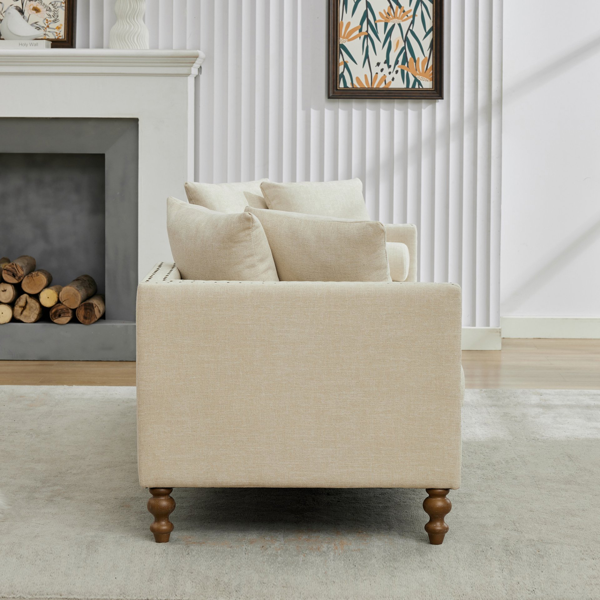 Chenille Upholstered Chaise Lounge With Nailheads, Sleeper Sofa Couch With 4 Throw Pillows & 2 Bolsters, Daybed With Rubberwood Legs - Beige - Image 14