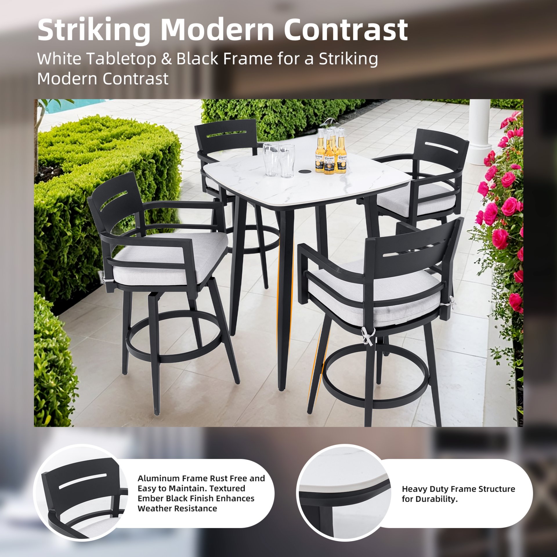 5 Pieces Modern Outdoor Patio Bar Set, Rounded Square Table & 4 Swivel Bar Chairs, Non Rust Frame, Tapered Legs, Sunbrella Cushion - Ember Black / White - Image 5