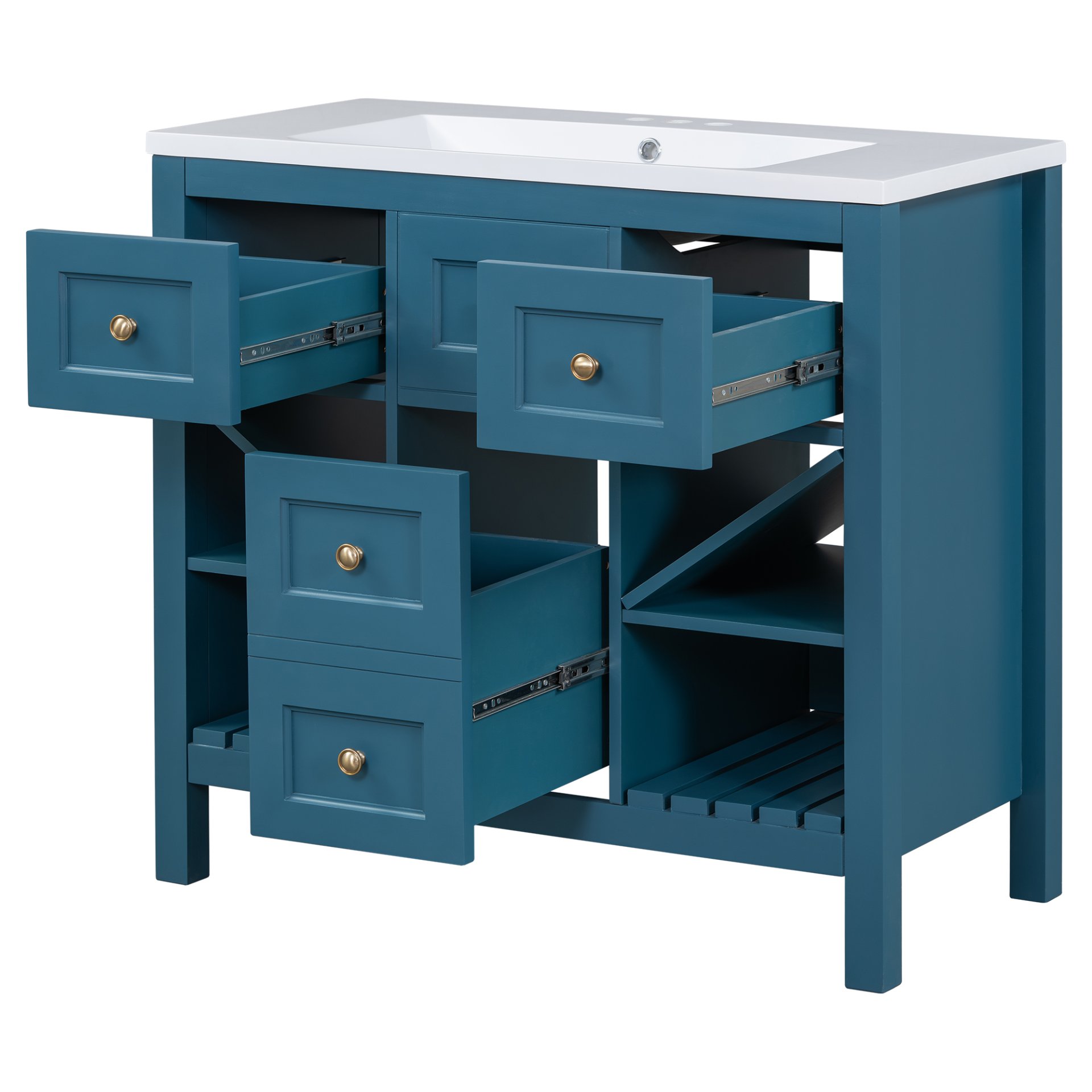 Bathroom Vanity With Resin Sink Combo, Frame Bathroom Storage Cabinet, Freestanding Vanity Set, 5 Drawers & Soft Closing Doors - Blue - Image 13