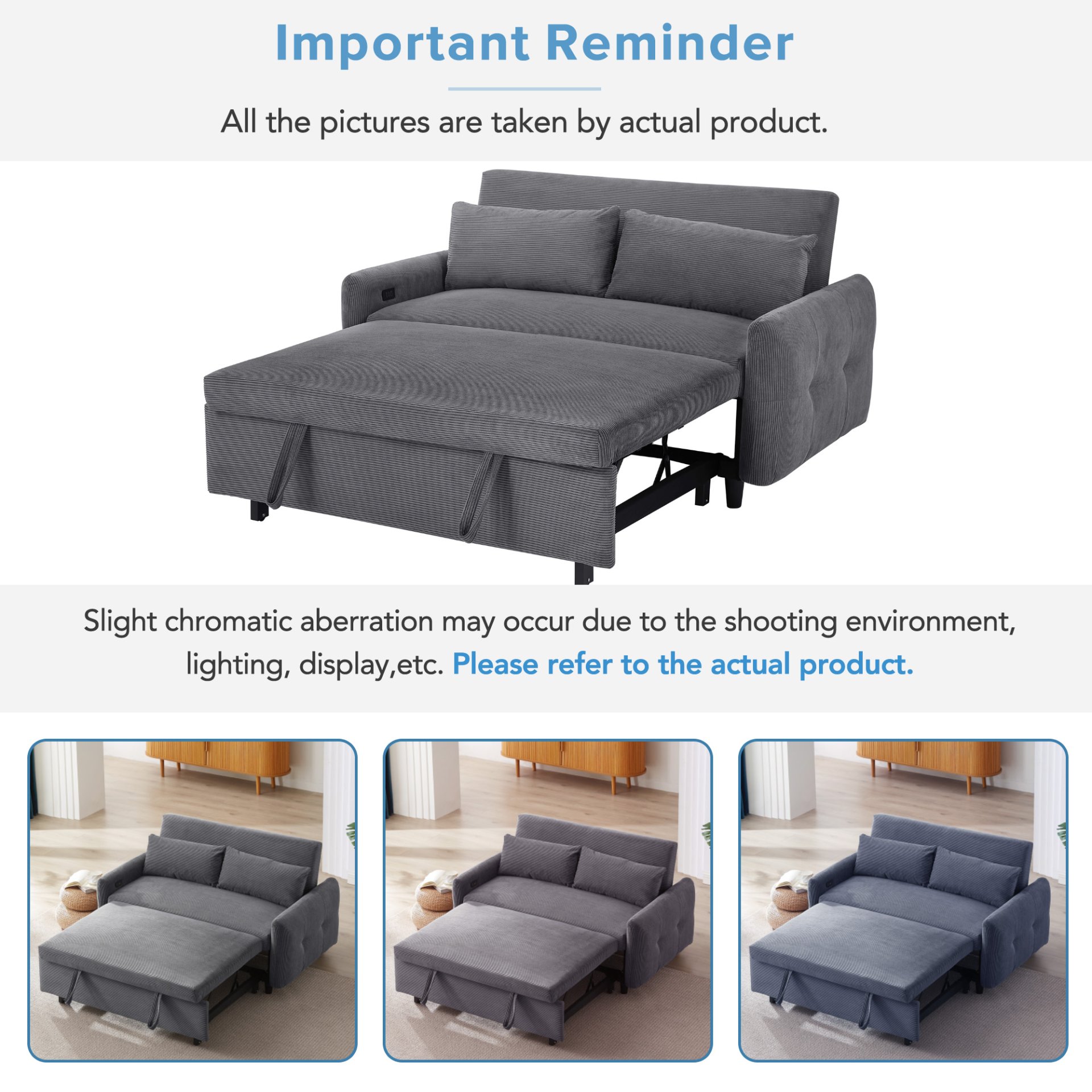 Pull Out Sofa Bed Convertible Couch 2 Seat Loveseat Sofa Modern Sleeper Sofa With 2 Throw Pillows And USB Ports For Living Room - Dark Gray - Image 8