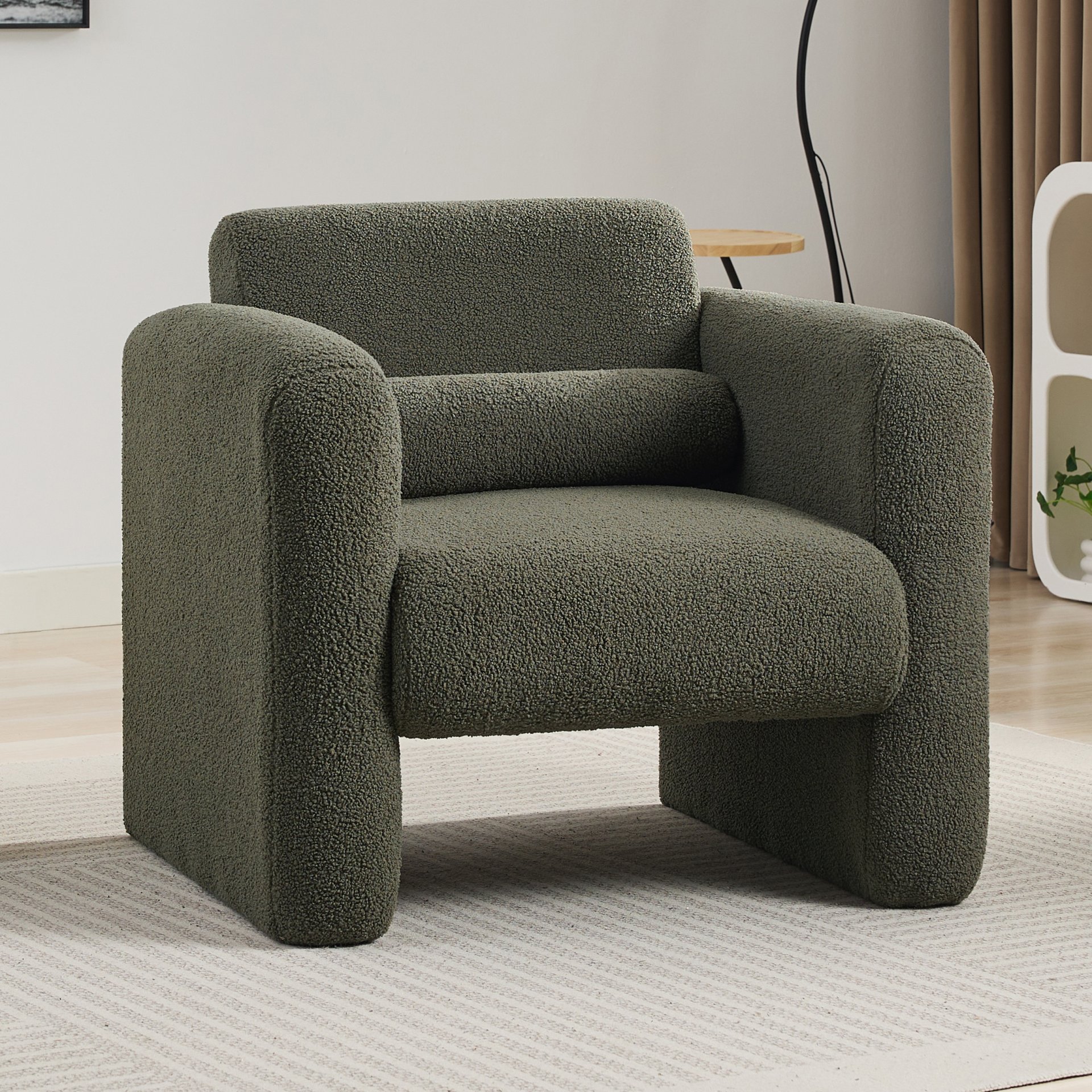 Modern Accent Chair Lambskin Sherpa Upholstered Comfy Reading Arm Chair Soft Padded Armchair With Back And Pillow For Living Room - Seaweed Green - Image 2