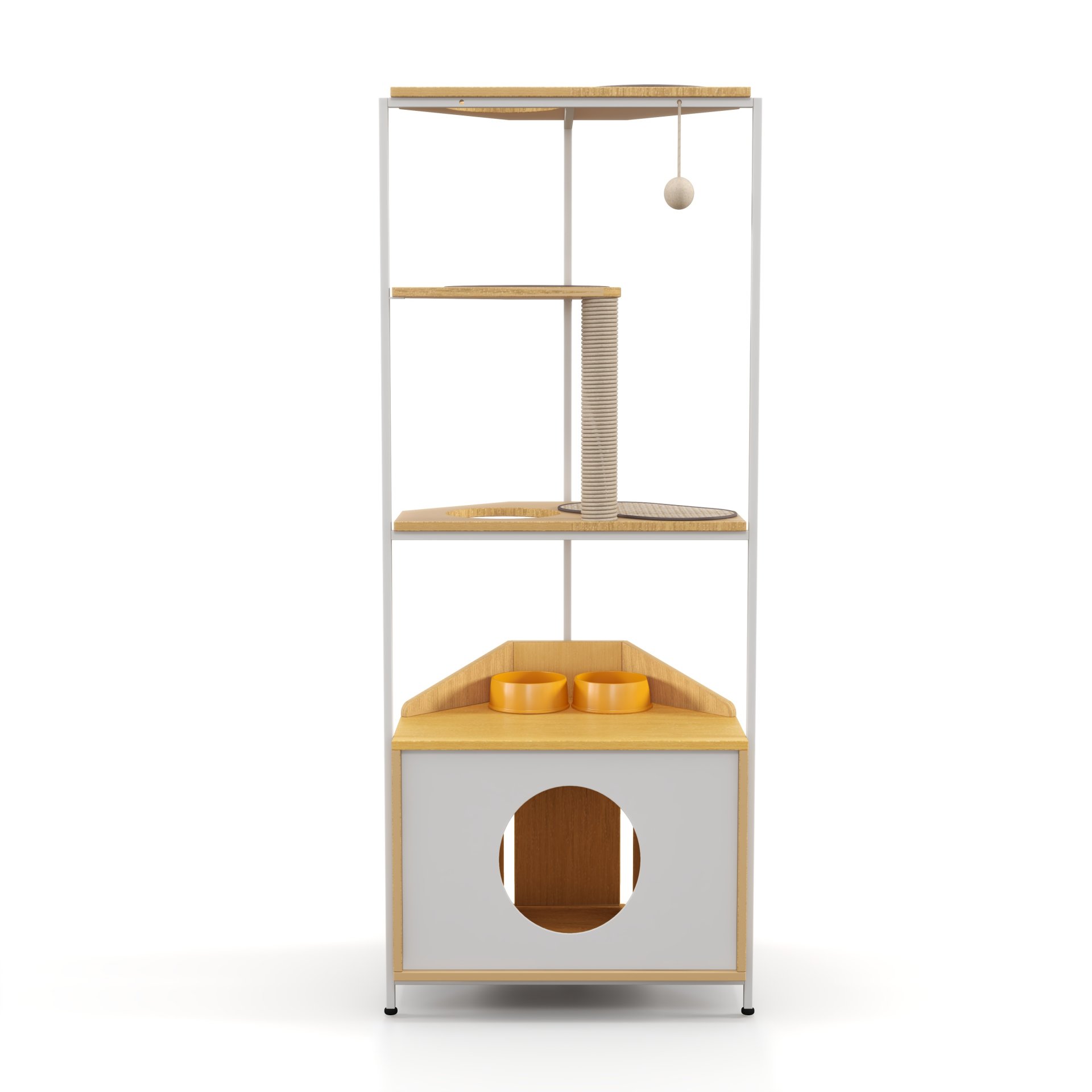 Corner Cat Tower, Cat Tree With Scratching Post, Cat Condo With Feeding Station And Climbing Platforms, Pet Furniture For Indoor Cats - White / Light Oak - Image 4