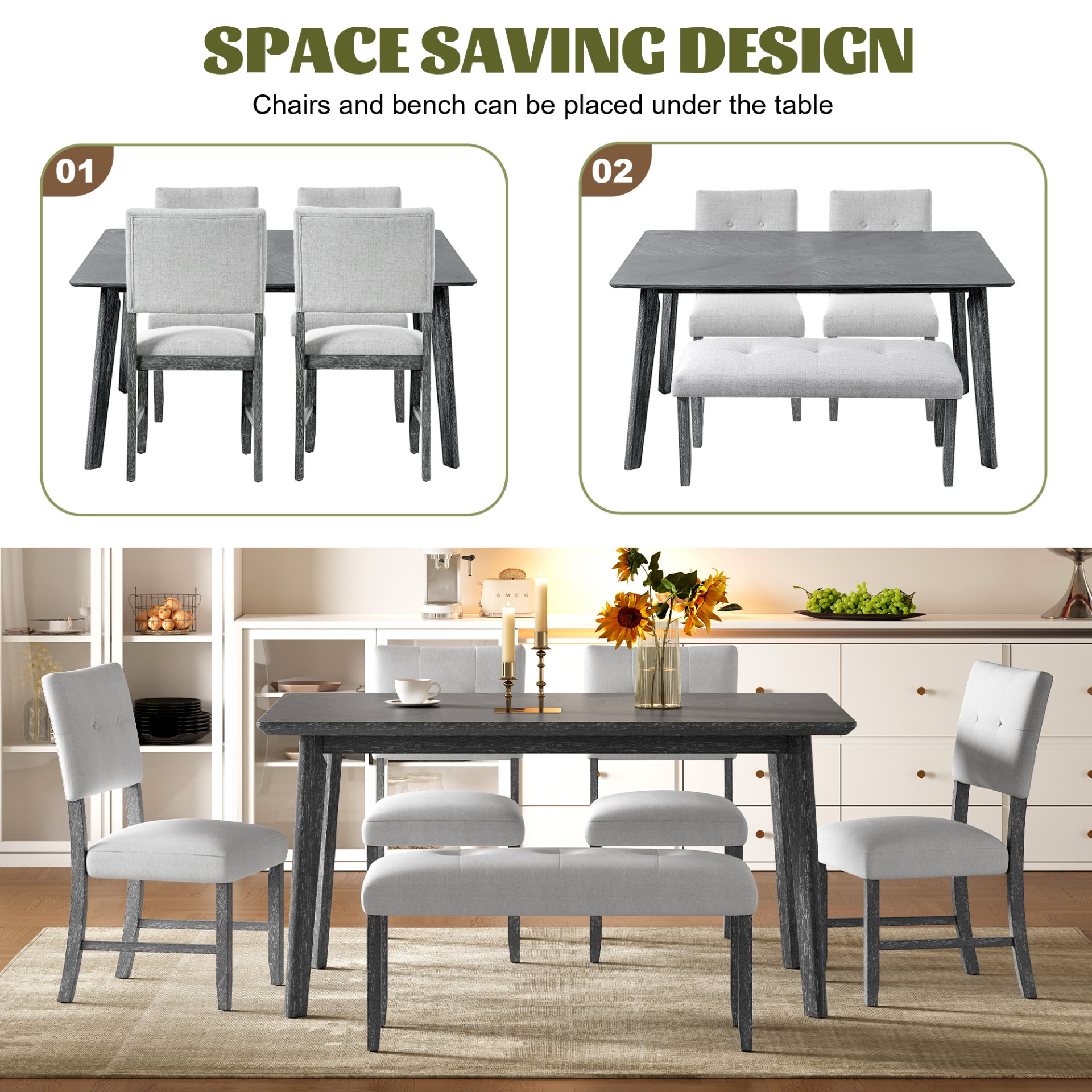6 Pieces Dining Room Table Set, Rustic Farmhouse Dining Room Rectangular Table With 4 Upholstered Chairs And Bench, Solid Wood Kitchen Dining Table Set For 6 Persons - Gray - Image 8