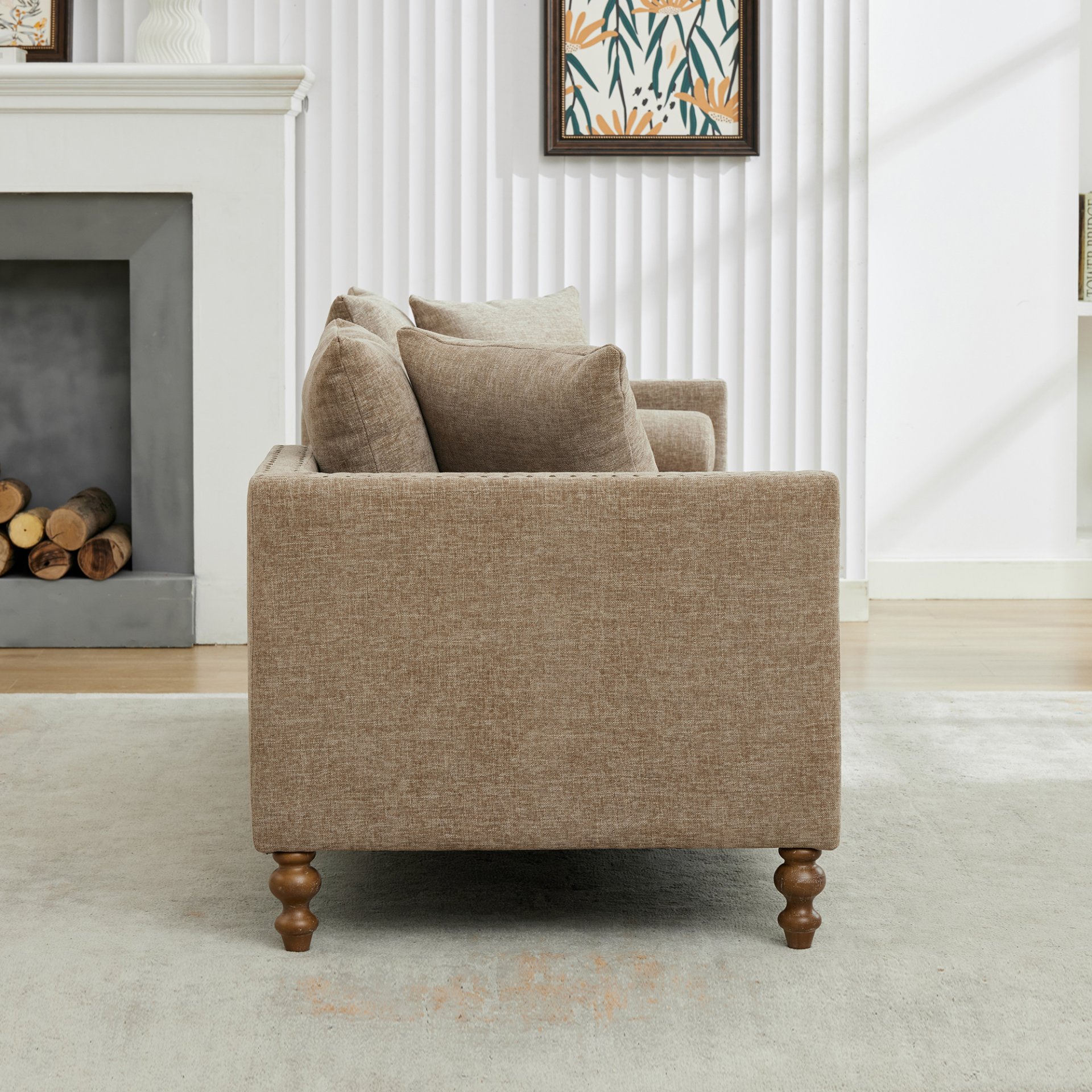 Upholstered Chaise Lounge Indoor With Nailheads, Sleeper Sofa Couch With 4 Throw Pillows & 2 Bolsters, Daybed With Rubberwood Legs - Taupe - Image 16