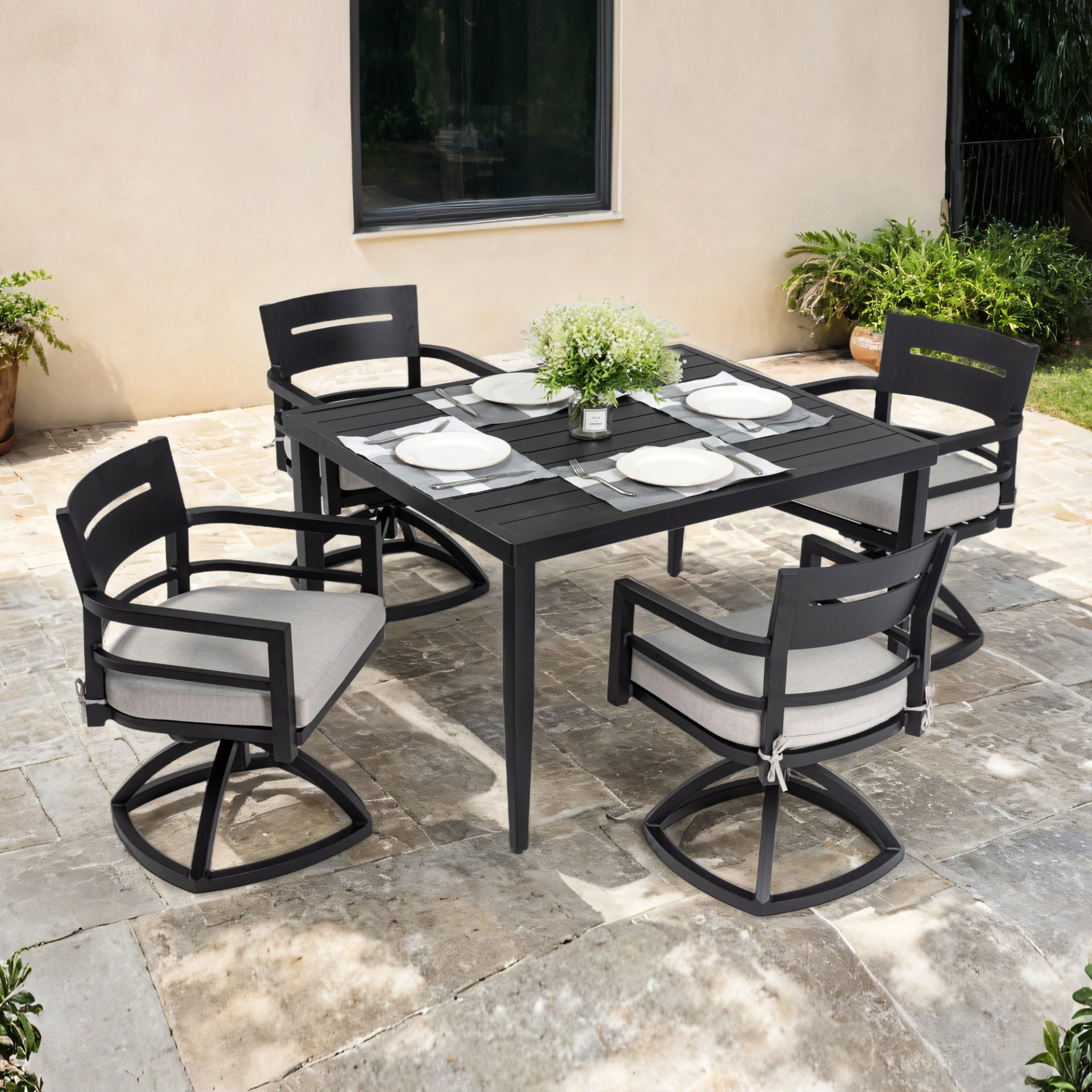 5 Piece Outdoor Patio Furniture, Modern Dining Set, 4 Swivel Chairs Rockers Sunbrella Fabric And Square Dining Table With Umbrella Hole - Ember Black - Image 11