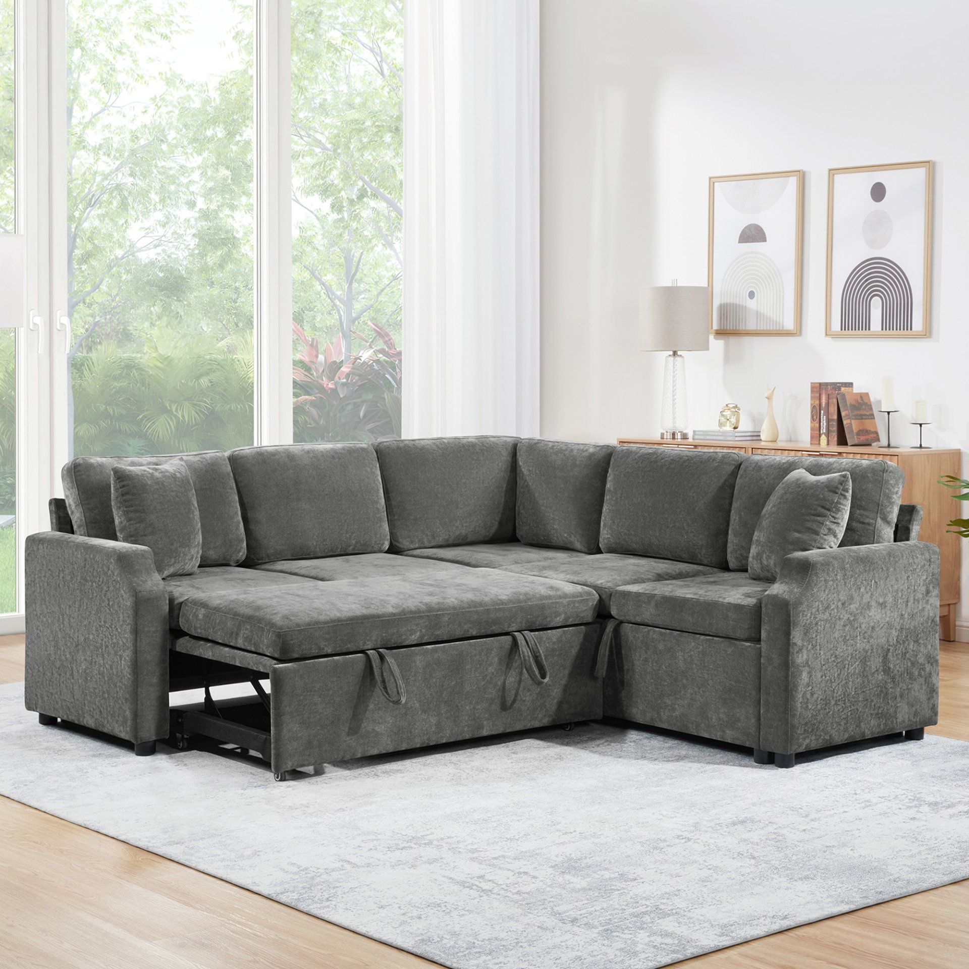 Upholstered L Shaped Sectional Sofa Bed With Sleeper And Storage Chenille - Gray - Image 3