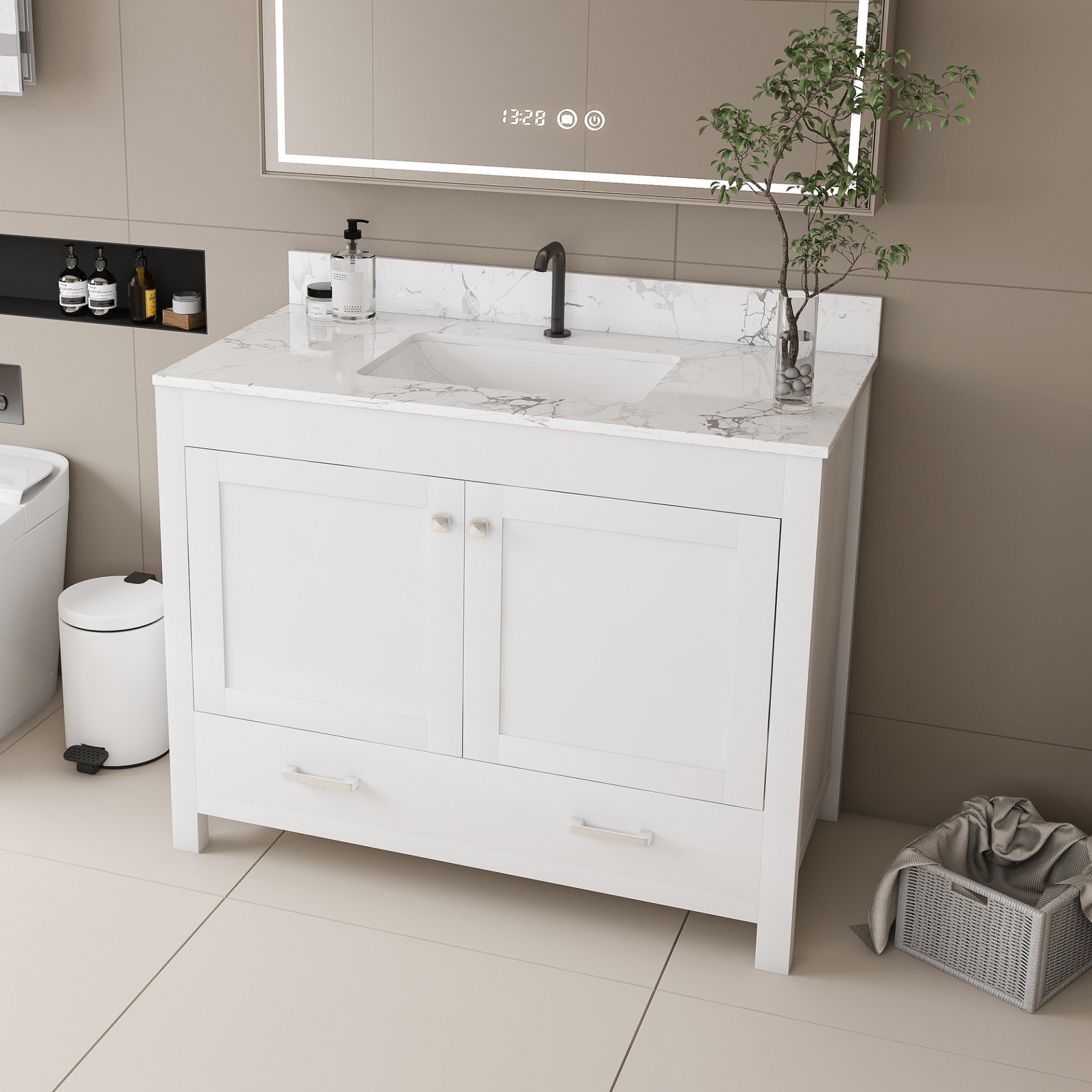 43" Bathroom Vanity With Artificial Marble Carrara Top Set, Multi Functional Cabinet With Doors And Drawer - White - Image 4
