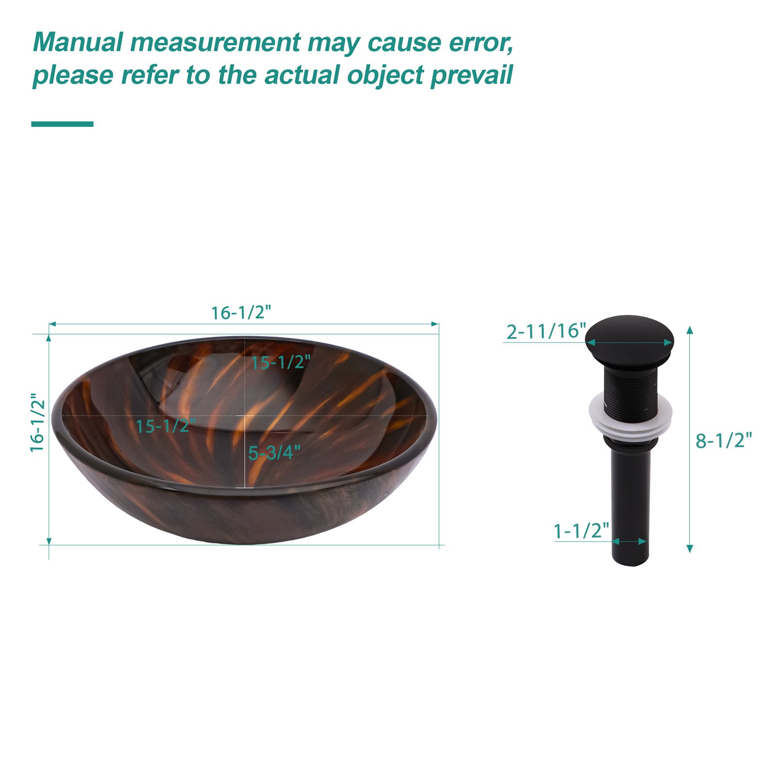 Vessel Bathroom Sink With Pop Up Drain, Round Bowl Design For Bathrooms - Brown - Image 3