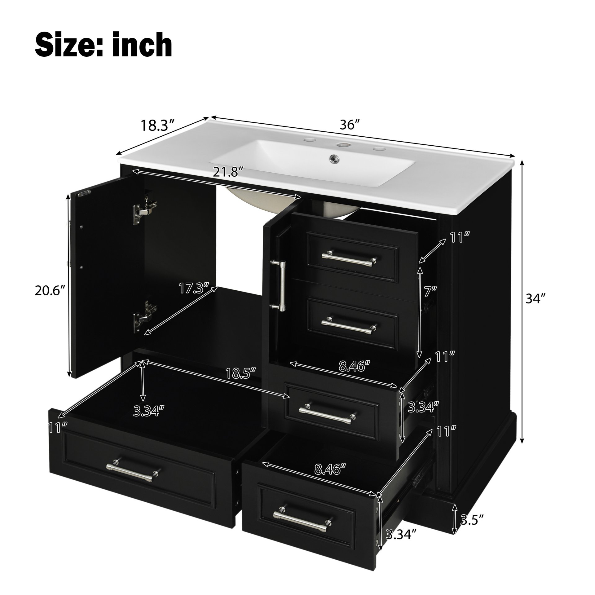 Traditional 36" Bathroom Vanity With Sink And Cabinet With Soft Close Doors And Drawers - Black - Image 4