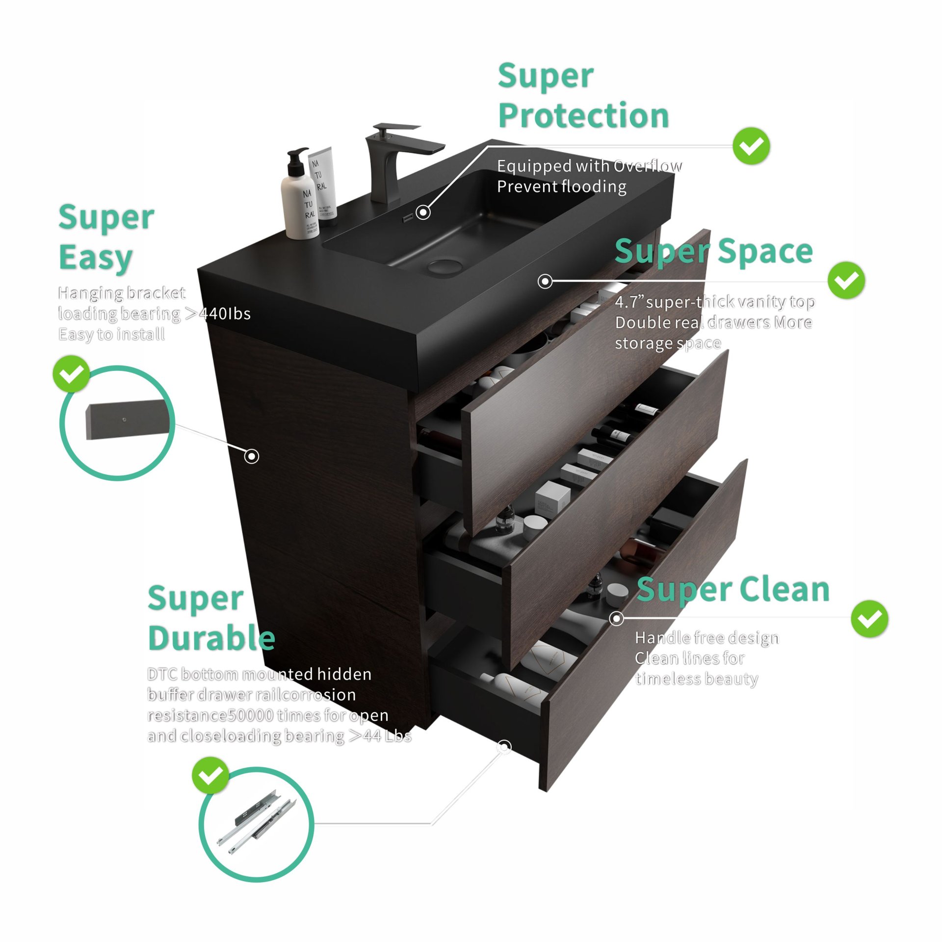 Alice - 36" Bathroom Vanity With Sink, Large Storage Freestanding Bathroom Vanity For Modern Bathroom, One-Piece Sink Basin Without Drain And Faucet - Walnut / Black - Image 6