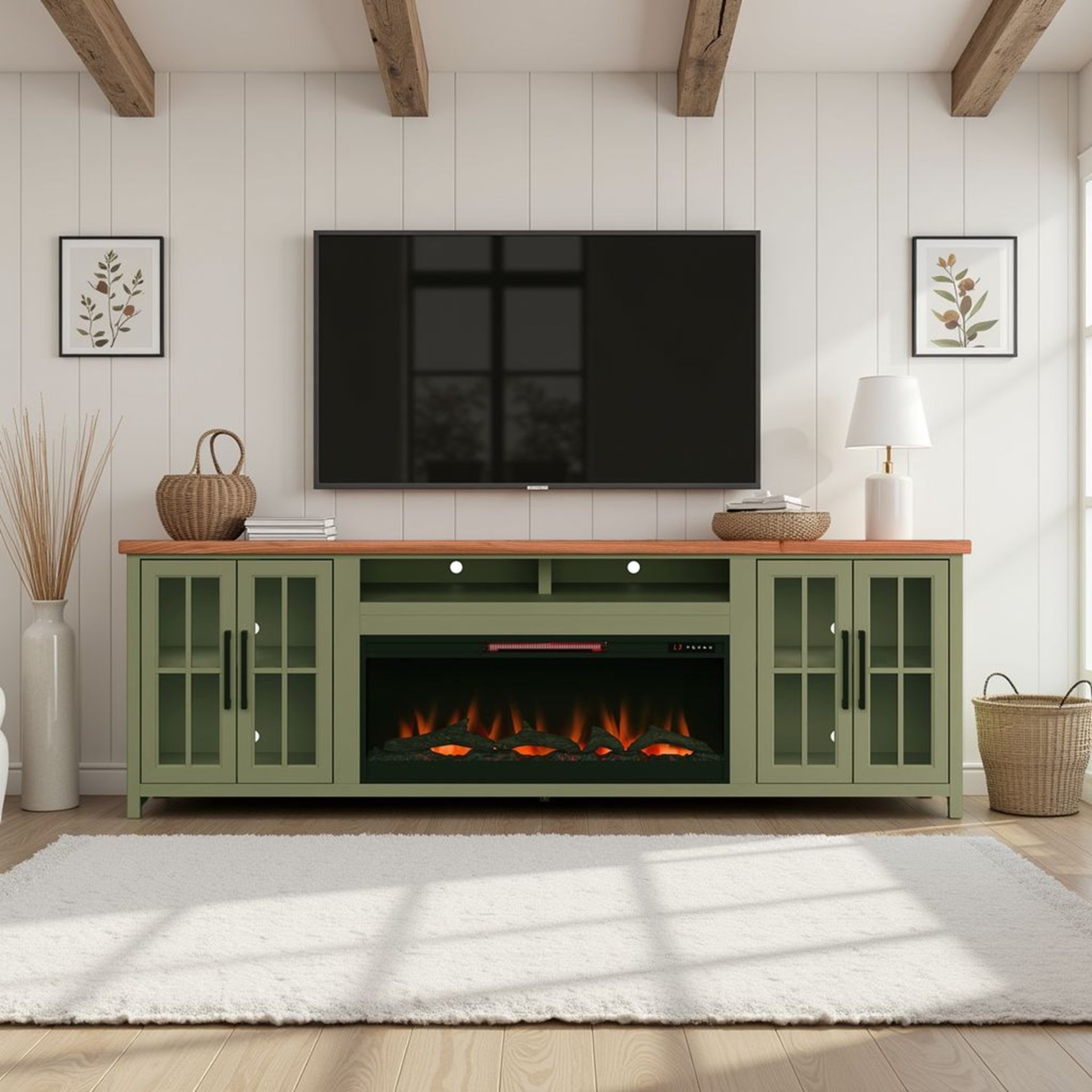 Vineyard - 97" Fireplace TV Stand Console For TVs Up To 100" - Sage Green And Fruitwood Finish - Image 2