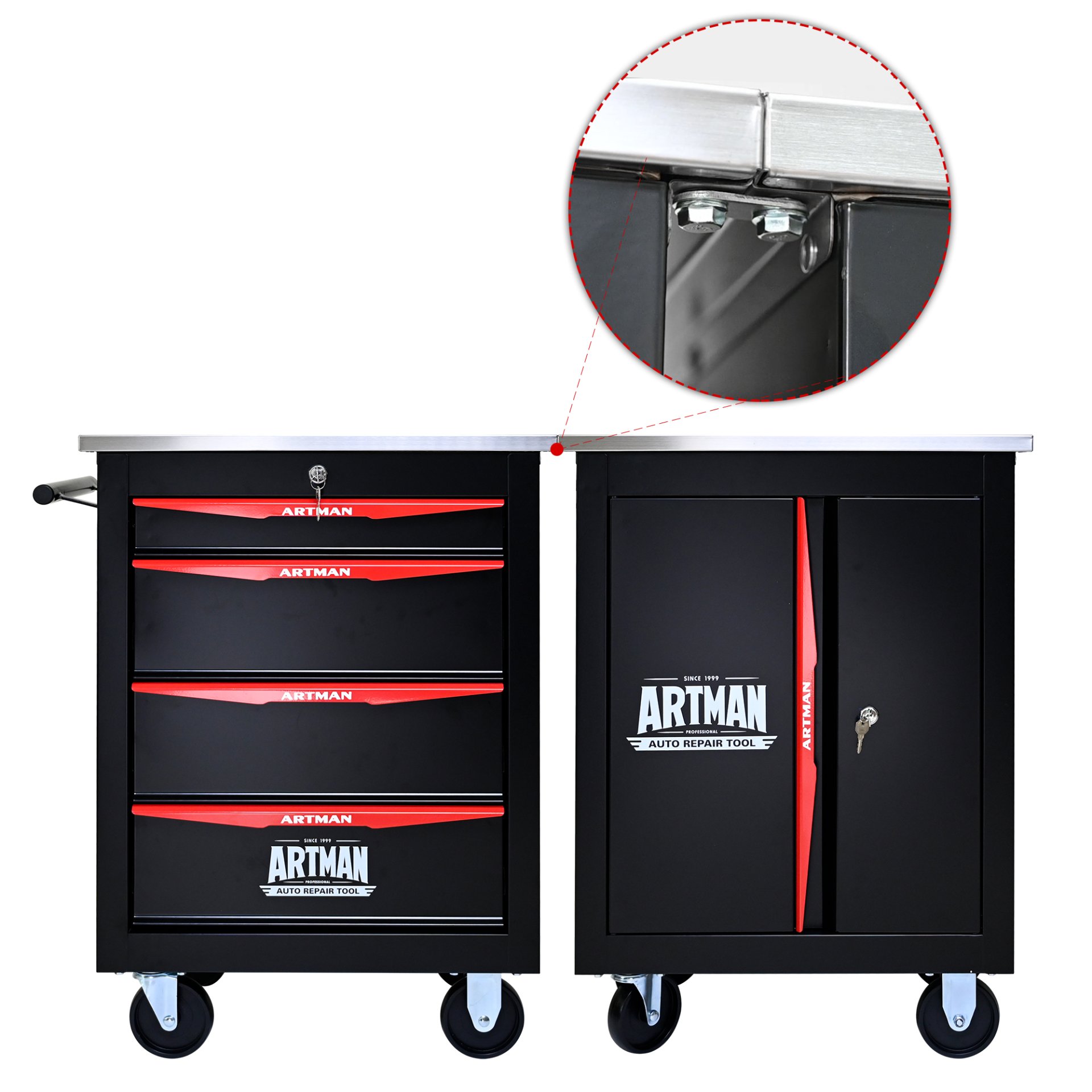 4 Drawer Multifunctional Tool Cart With Wheels, Metal Rolling Tool Cart Storage For Garage Workshop Warehouse Repair Shop With Stainless Steel Roof - Black / Red - Image 8