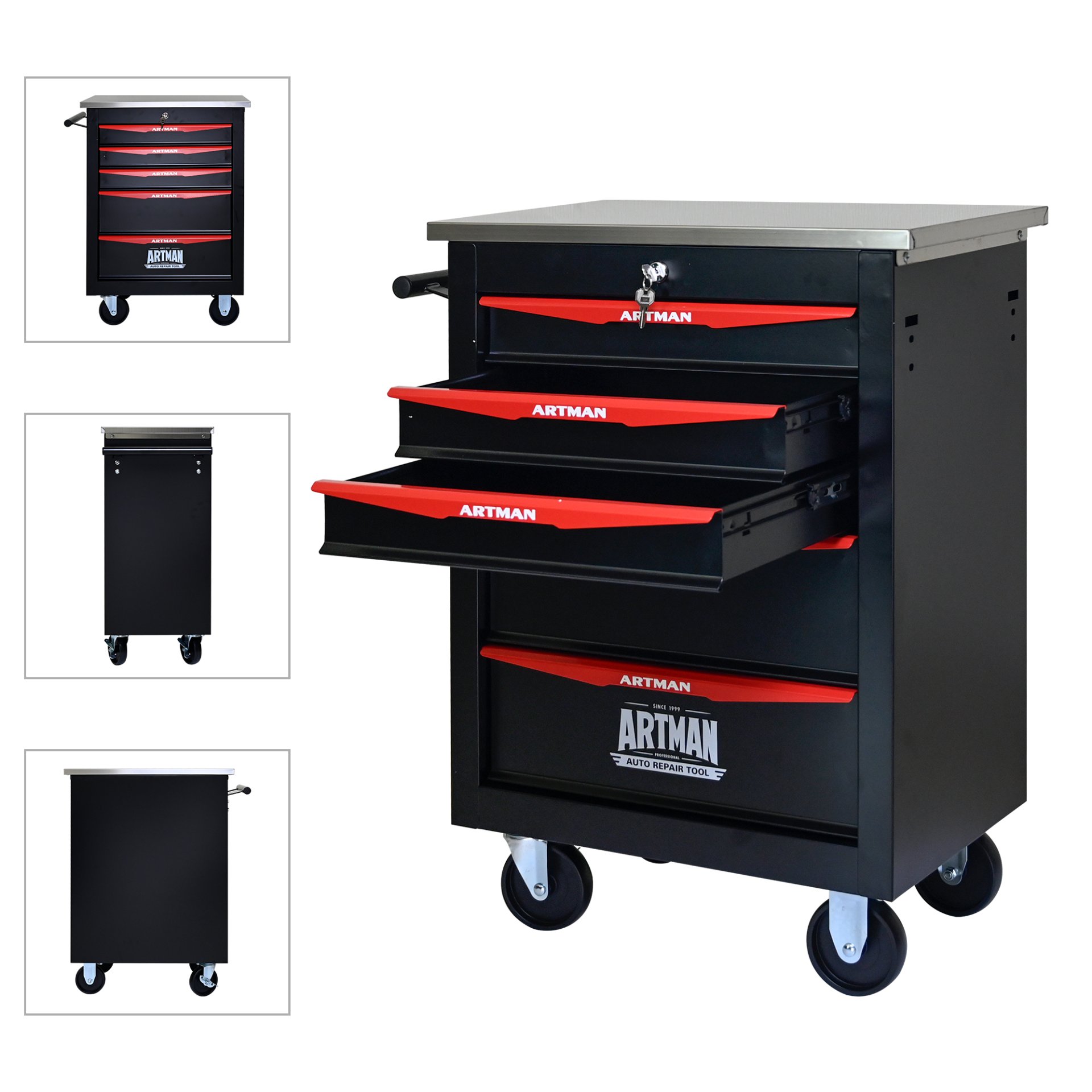 5 Drawer Multifunctional Tool Cart With Wheels, Metal Rolling Tool Cart Storage For Garage Workshop Warehouse Repair Shop With Stainless Steel Roof - Black / Red - Image 7