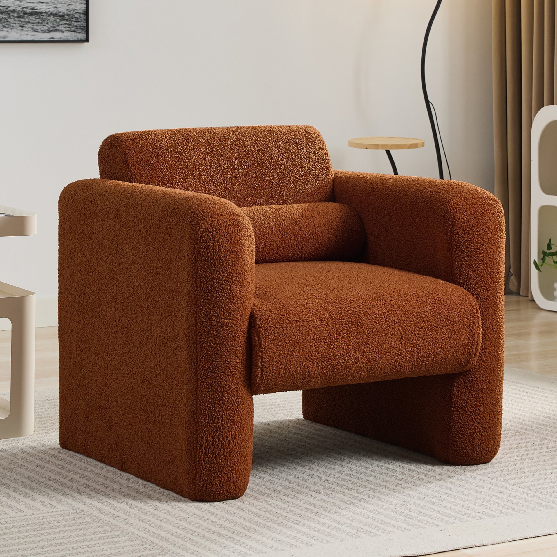 Modern Accent Chair Upholstered Comfy Reading Arm Chair Lambskin Sherpa Fabric - Burnt Orange - Image 7