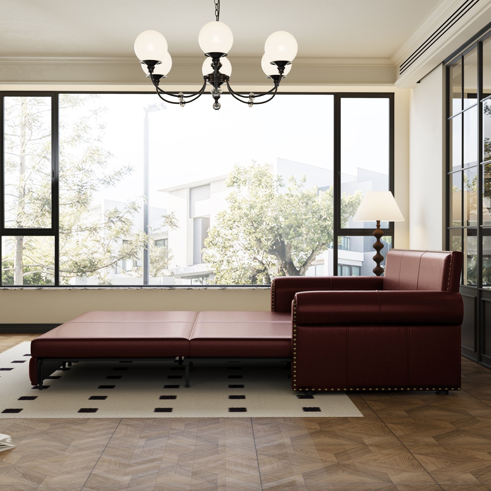 Pull Out Sofa Bed, 3 In 1 Convertible Sleeper Sofa With Nailhead Trim & Rolled Arm, Multi Functional Sofa Bed For Living Room, Bedroom, Apartment, Office - Burgundy - Image 10