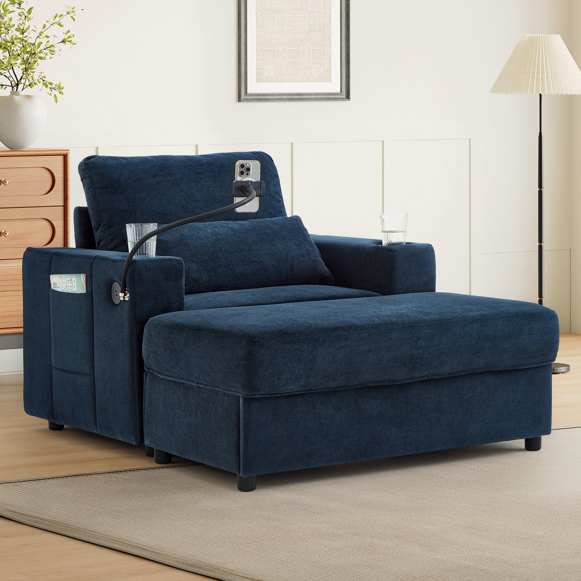 Modern Style Armchair Chaise Lounge Sofa Couch With Movable Storage Ottoman, USB Ports, Cup Holders, Phone Holder, Side Pockets - Blue - Image 10