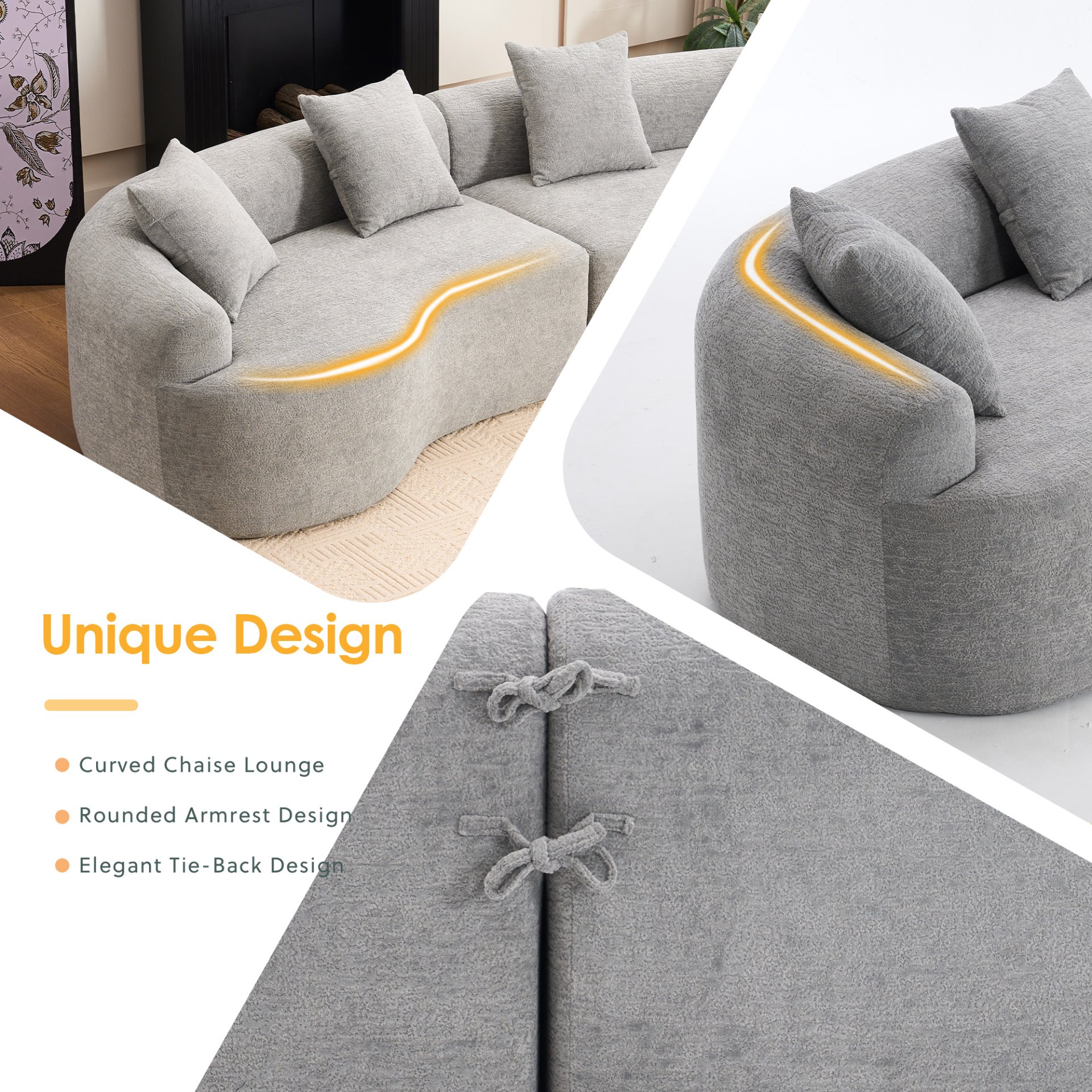 4 Seater Sofa With Chenille Fabric, 30D, 60 Hardness Full Sponge, 4 Pillow For Living Room, Home Furniture Sleeper Sectional Sofa For Apartment - Gray - Image 16
