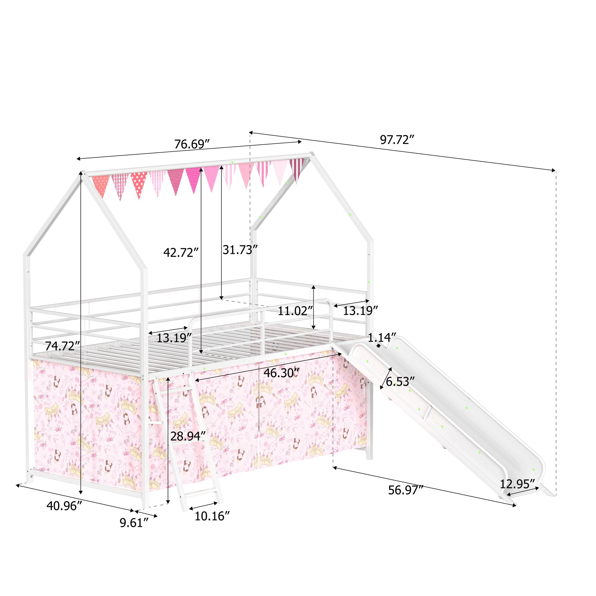 Jack - House Twin Loft Bed With Slide And Curtain Set - White / Pink - Image 5