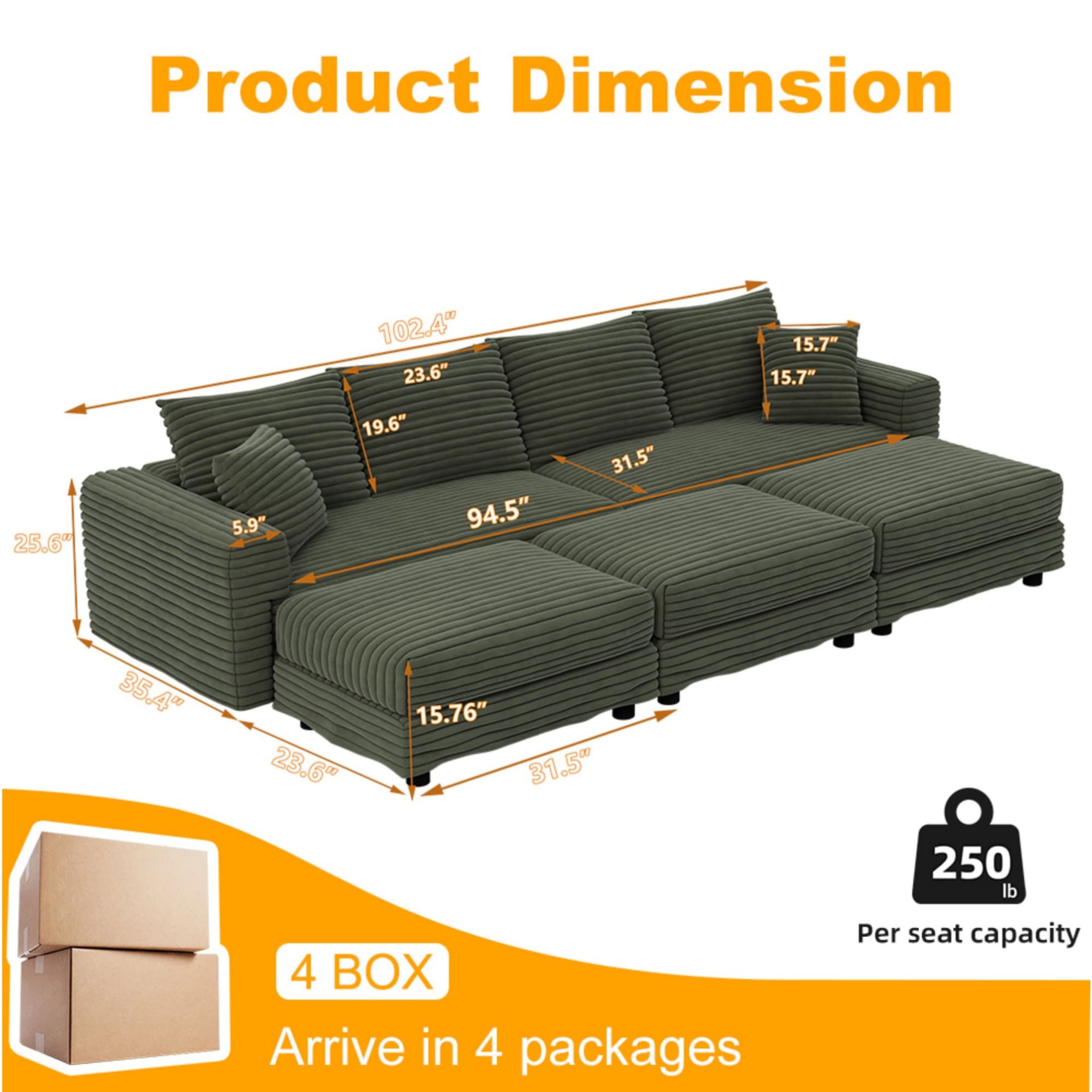 4 Seat Sofa, Deep Seat Couches With Soft Pillows And 3 Ottomans, Convertible Sofa Lounge Chair, For Living Room - Green - Image 10