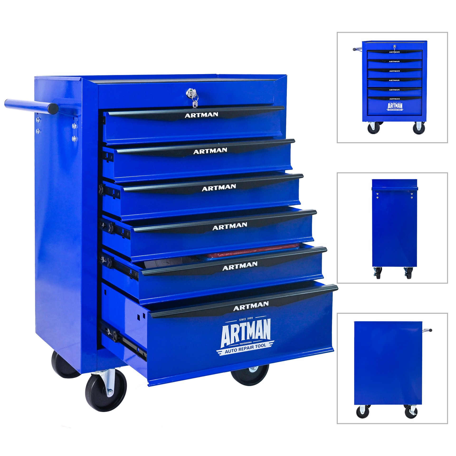 Rolling Metal Tool Chest With 6 Drawers, 20" Steel Storage Cabinet With Ball Bearing Slides - Black / Blue - Image 7