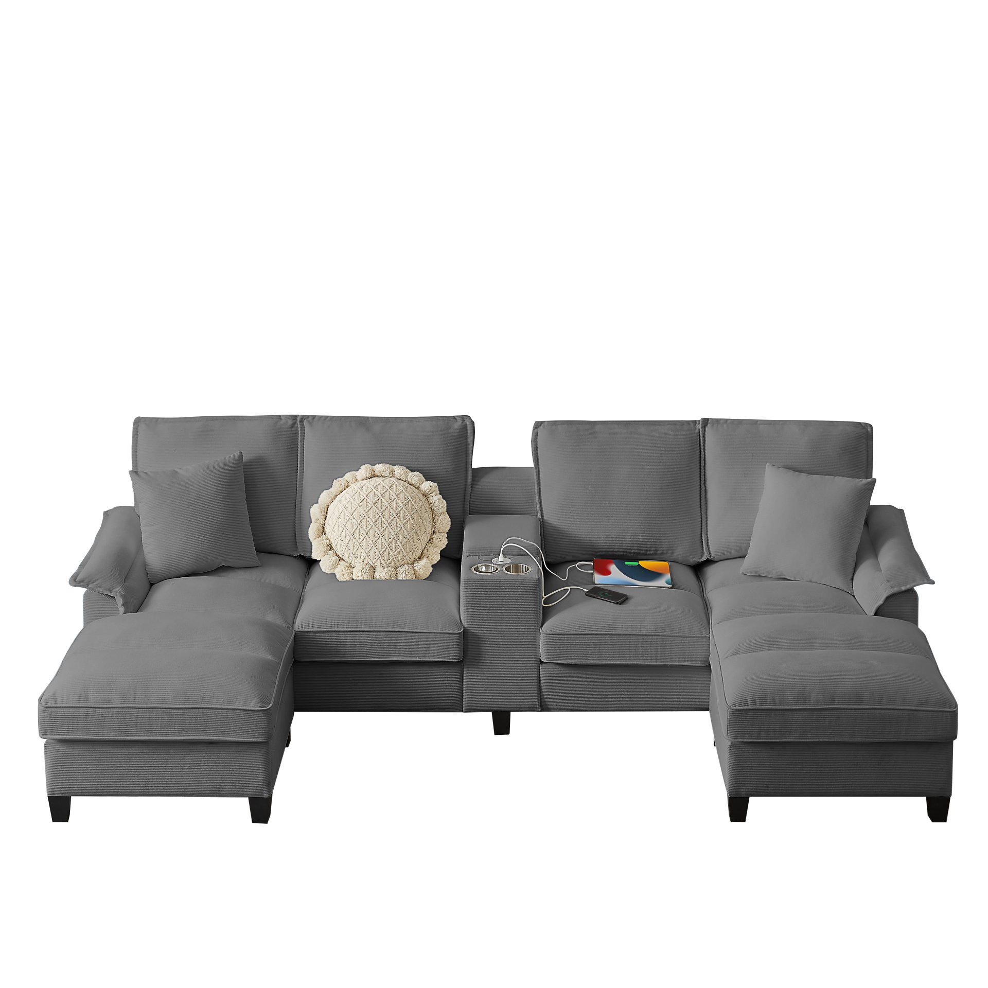 U Shaped Sectional Sofa Bed With Storage, 4 Seater, Features Cup Holders And Soft Foam Cushions - Gray - Image 13