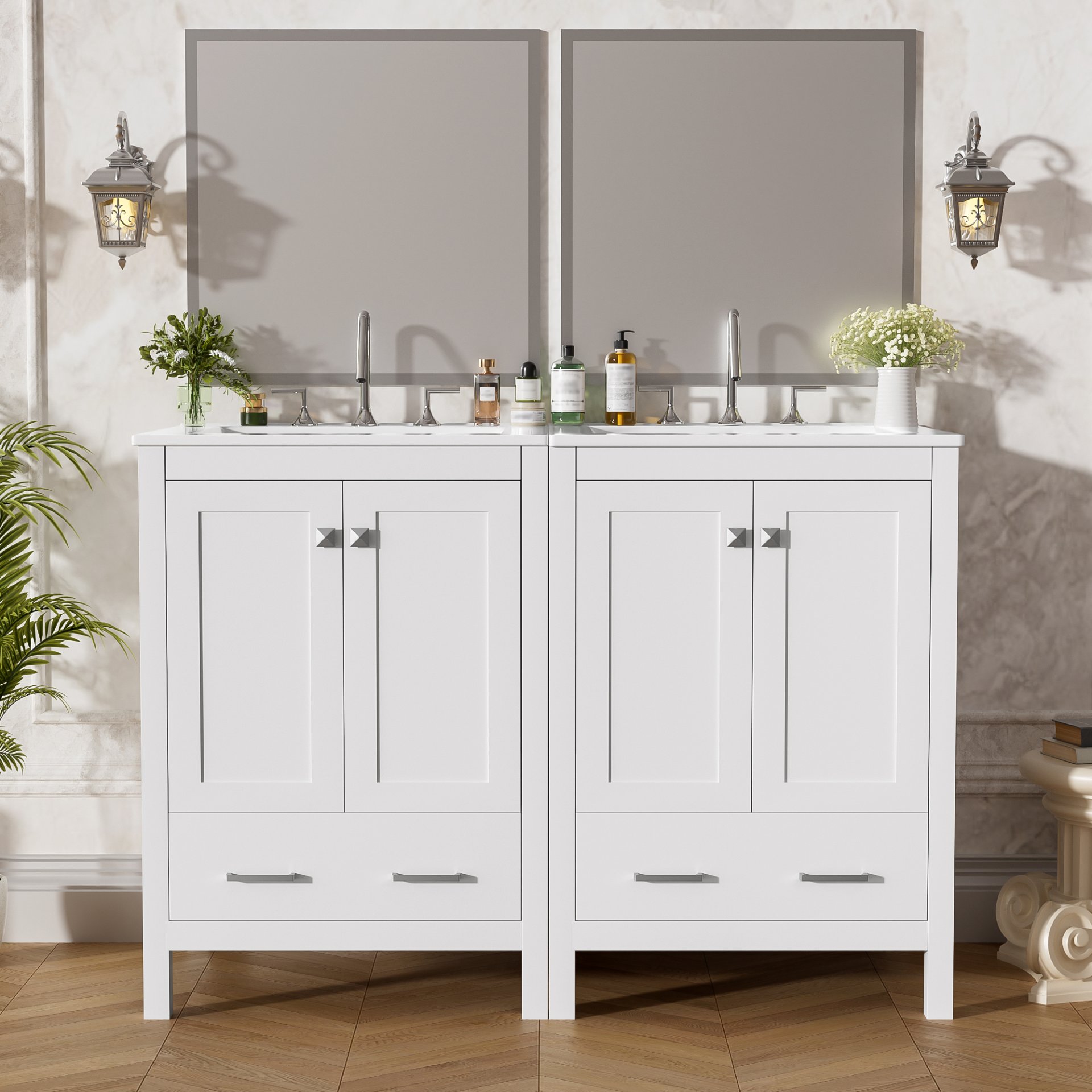 Bathroom Vanity With Integrated Undermount Sinks, Soft Close Doors, Divided Drawer, And Double Layer Shelf - White - Image 2