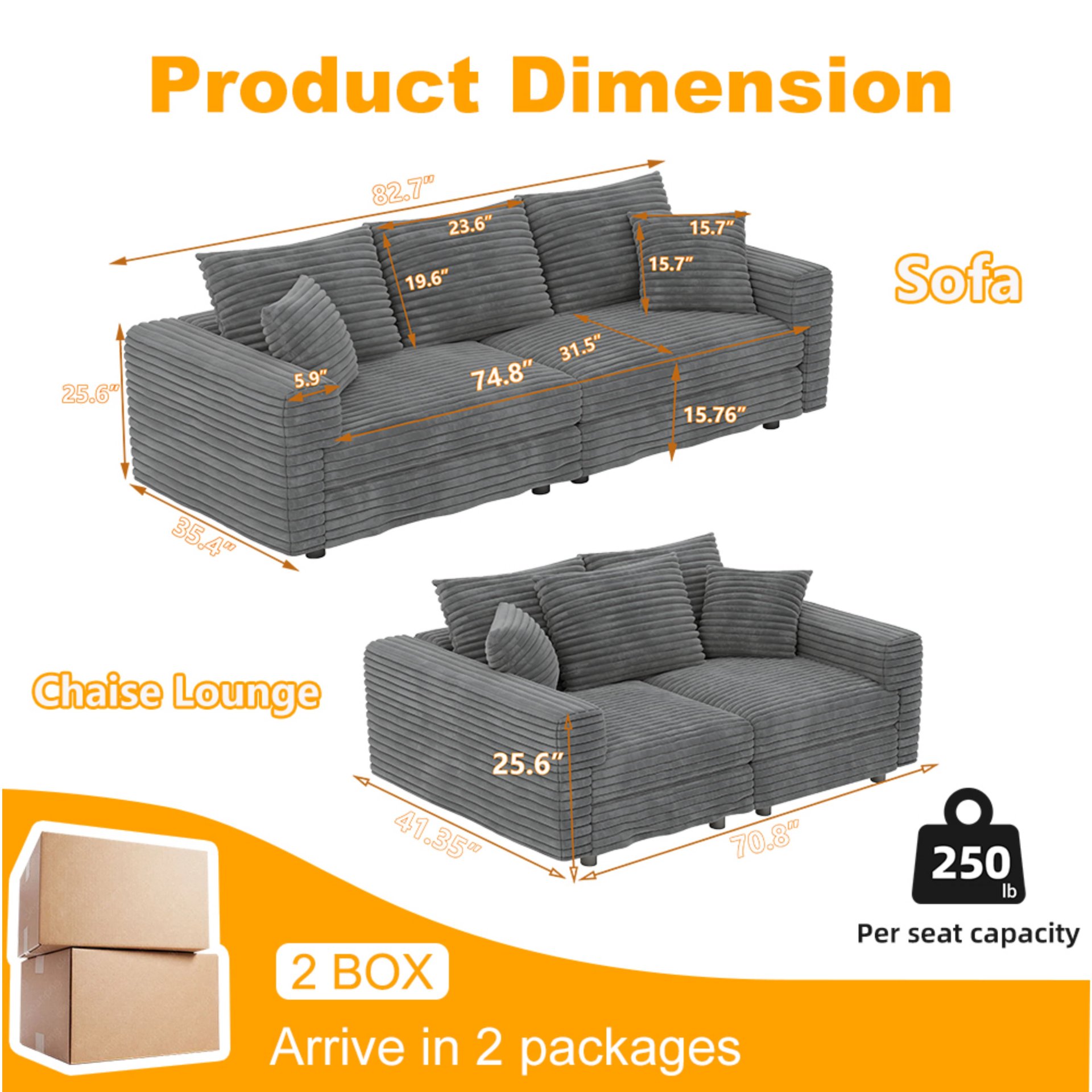 3 Seat Sofa, Convertible Deep Seat Sofa Lounge Chair For Living Room - Gray - Image 4
