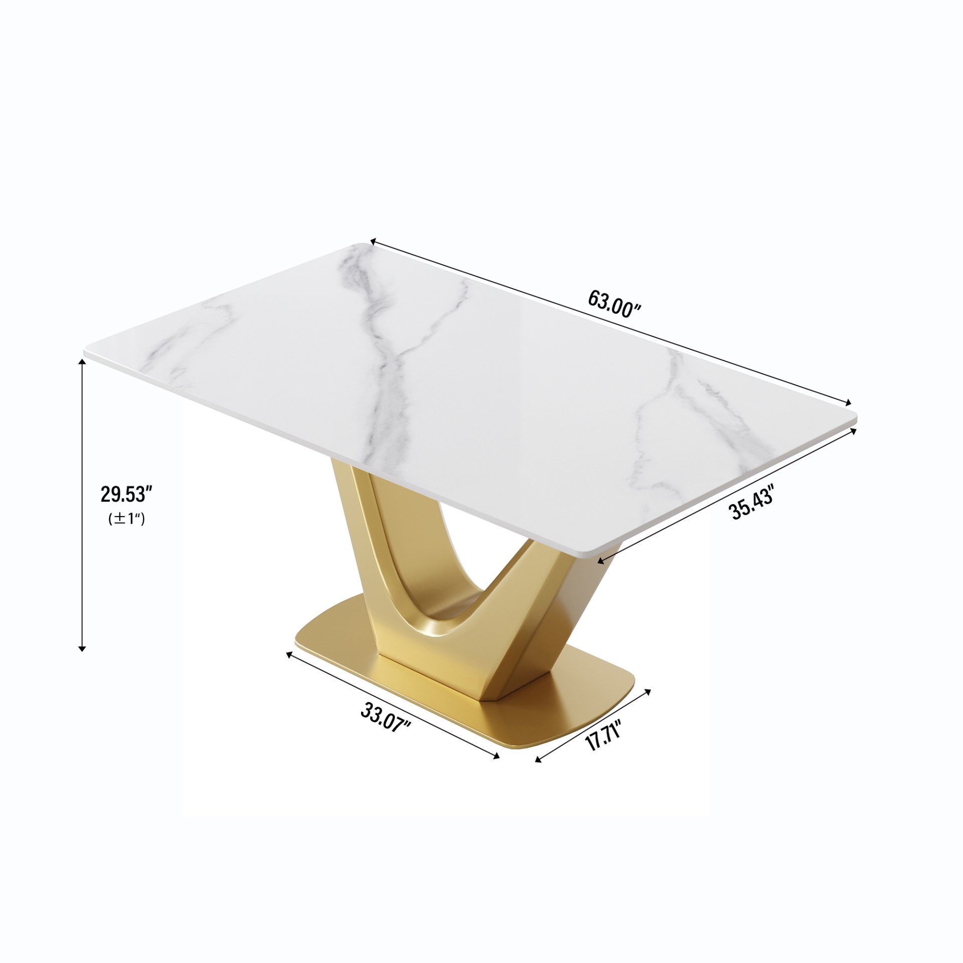 63" Modern Artificial Stone Panel V-Shaped Metal Legs, Can Accommodate 6-8 People - White / Gold - Image 3