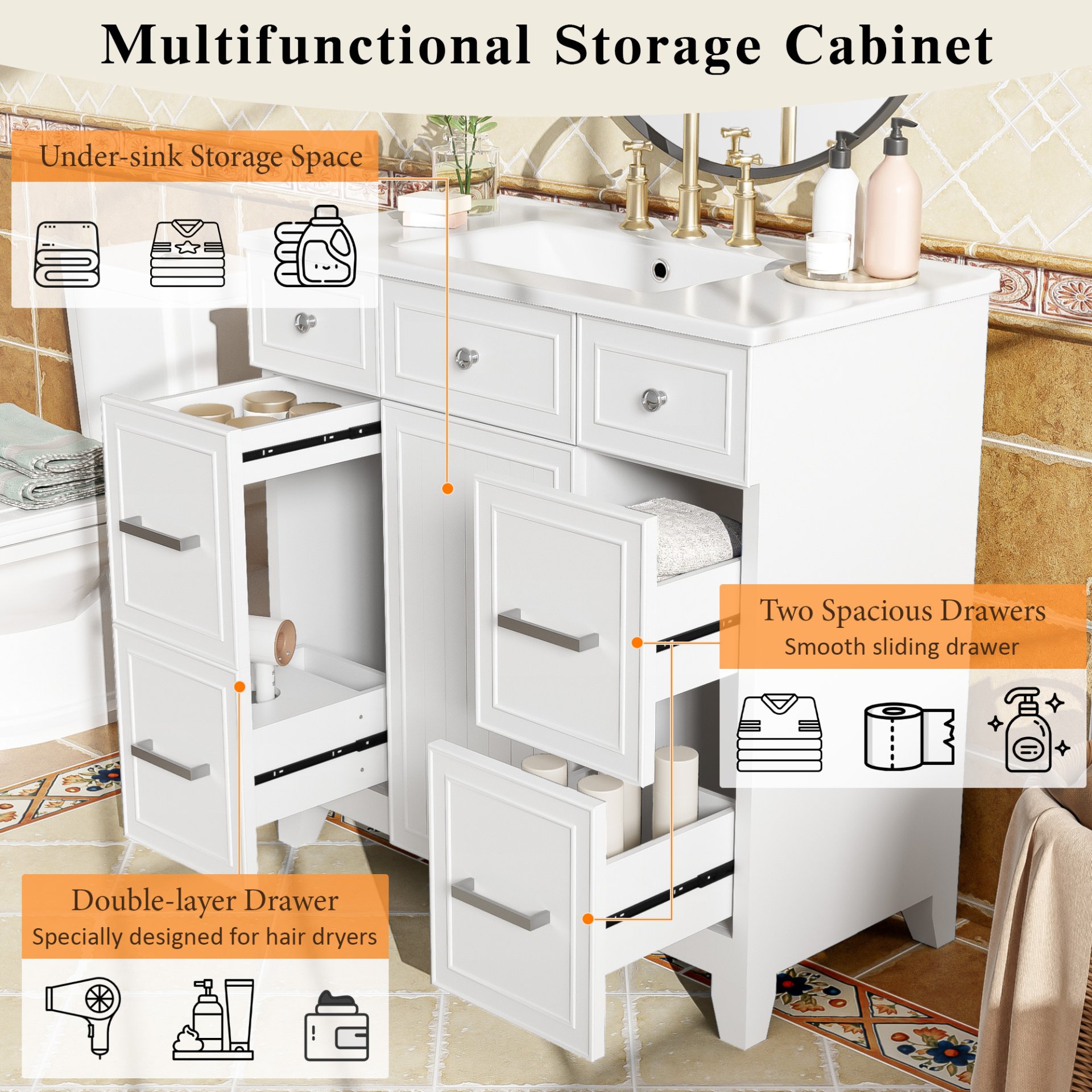 36" Bathroom Vanity With Sink, Soft Close Doors, And Adjustable Shelves Solid Frame - White - Image 8