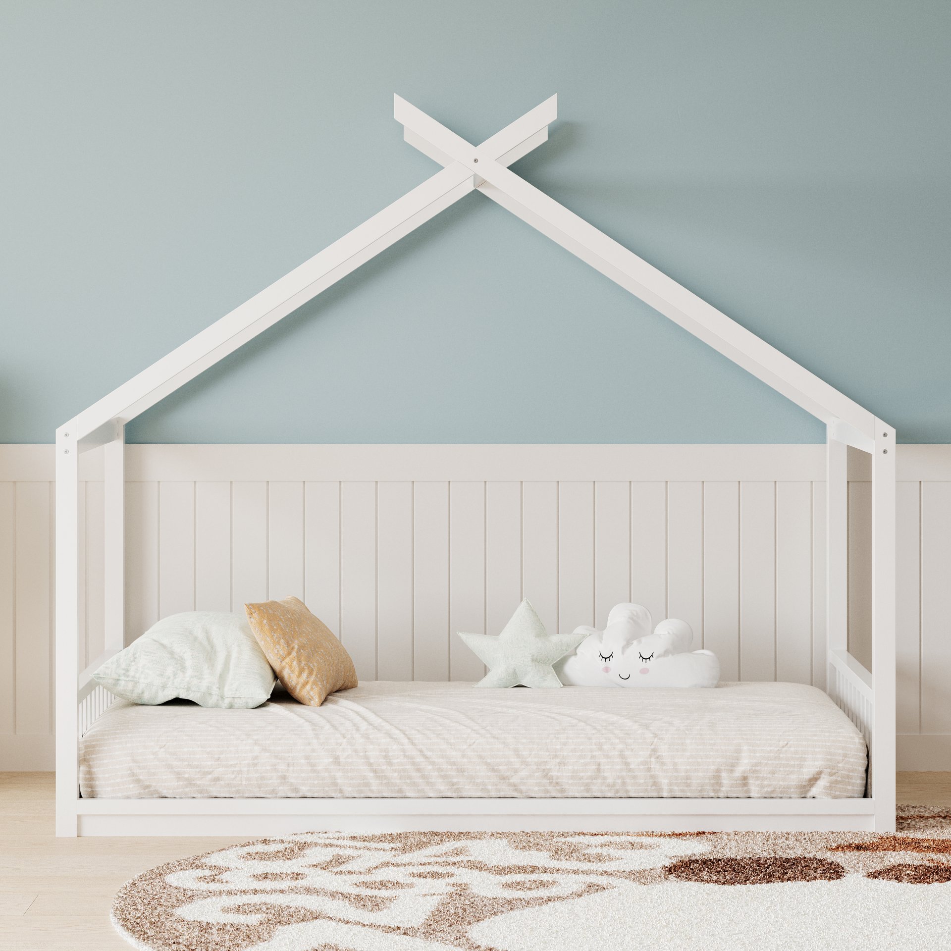 Full Size Montessori Style House Bed For Kids, Floor Bed Frame With Headboard And Footboard, Fence Bed For Girls, Boys, Slat Not Included - White - Image 5