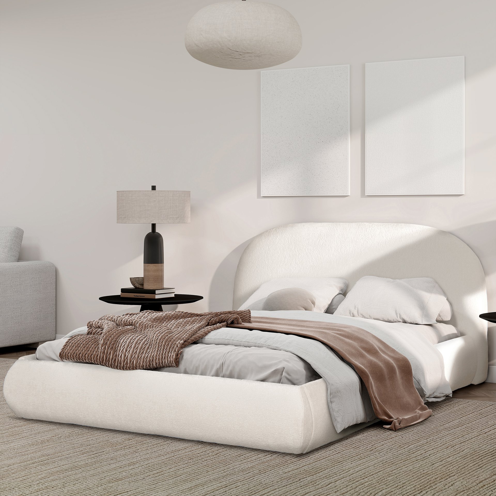 Archie Puffy Grounded - Queen Upholstered Platform Bed - Almond White - Image 2